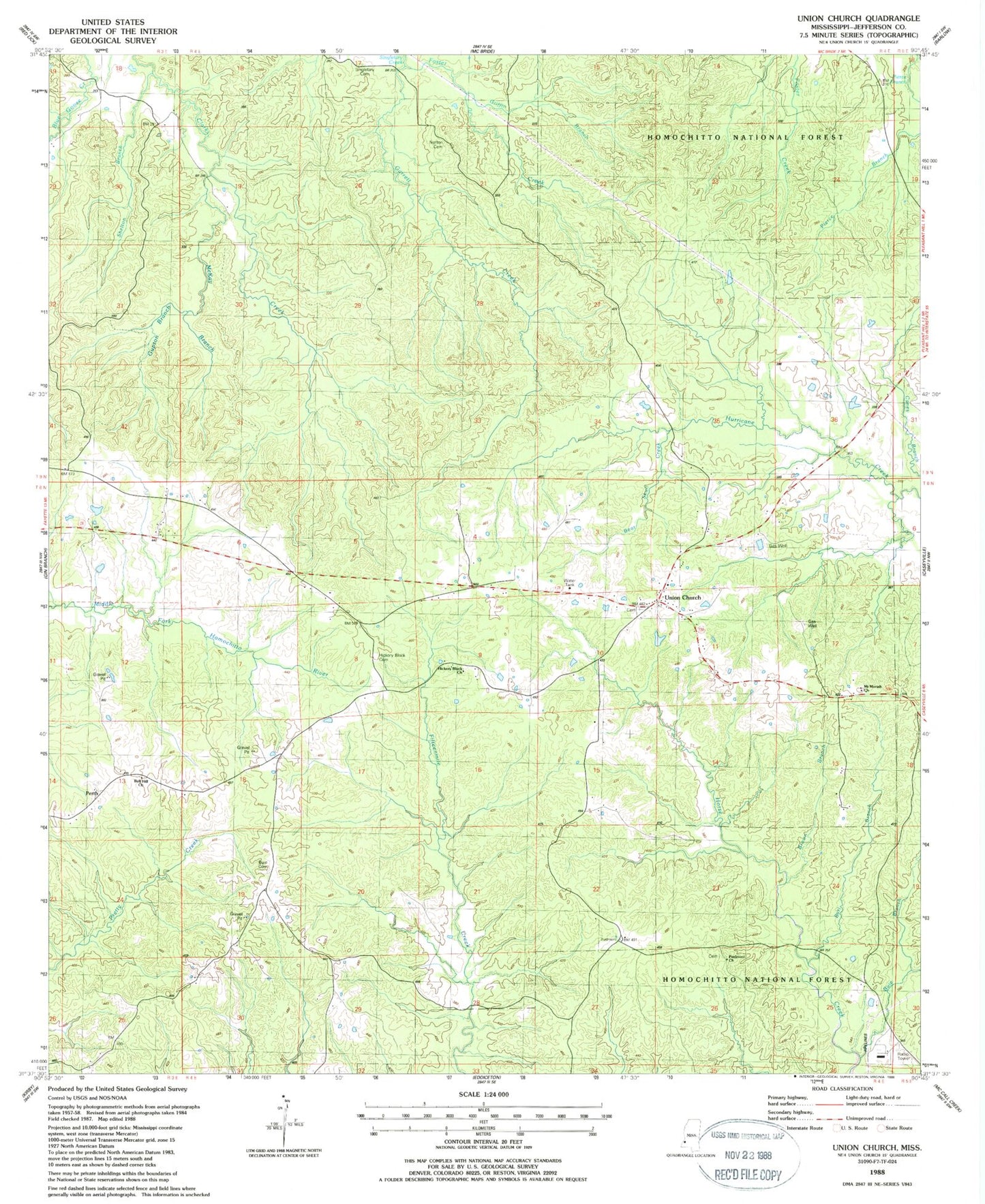 Classic USGS Union Church Mississippi 7.5'x7.5' Topo Map Image