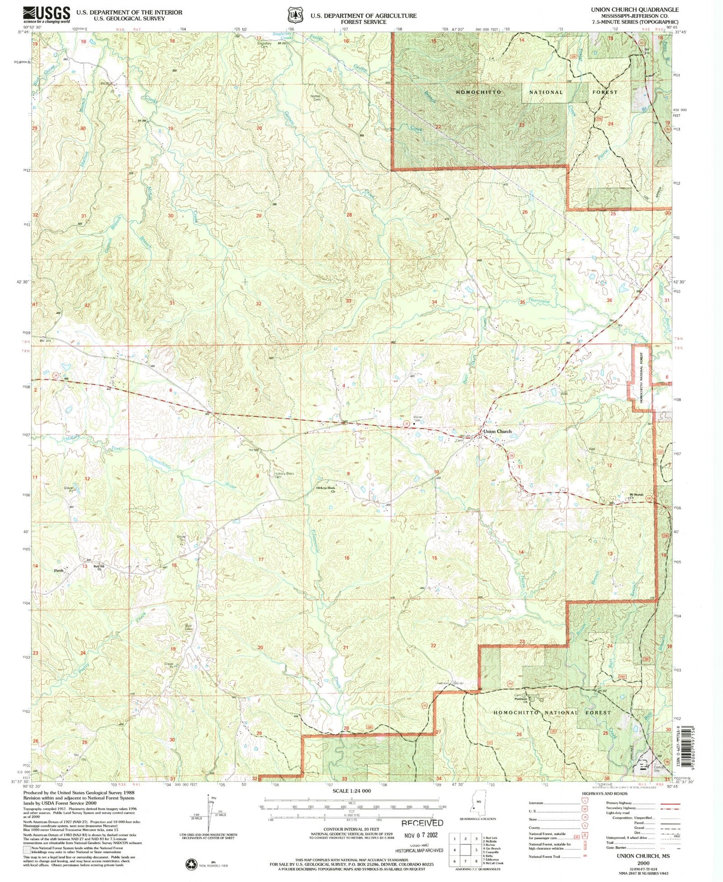 Classic USGS Union Church Mississippi 7.5'x7.5' Topo Map Image