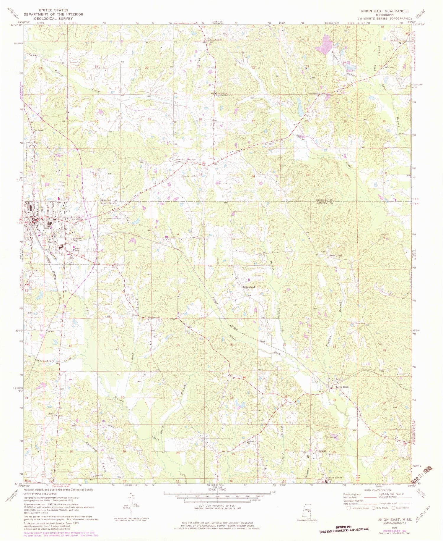 Classic USGS Union East Mississippi 7.5'x7.5' Topo Map Image