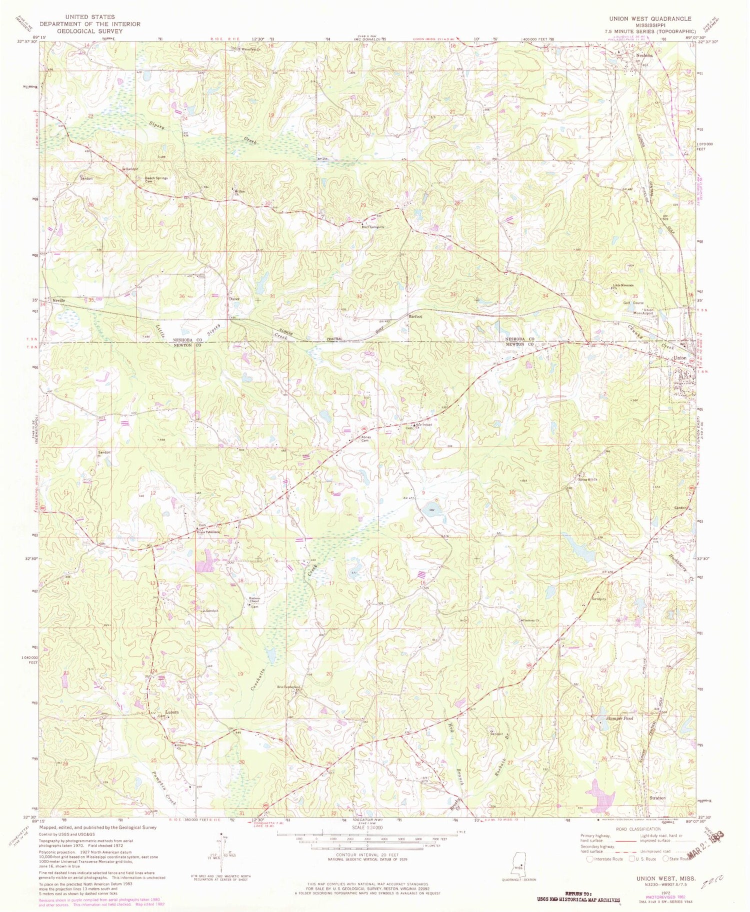 Classic USGS Union West Mississippi 7.5'x7.5' Topo Map Image