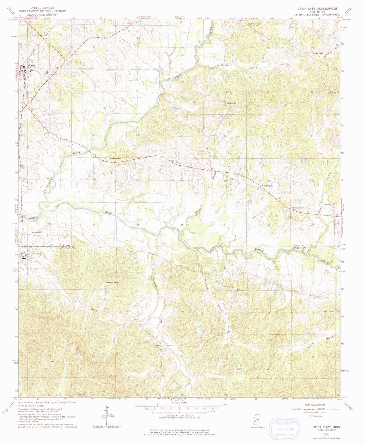 Classic USGS Utica East Mississippi 7.5'x7.5' Topo Map Image