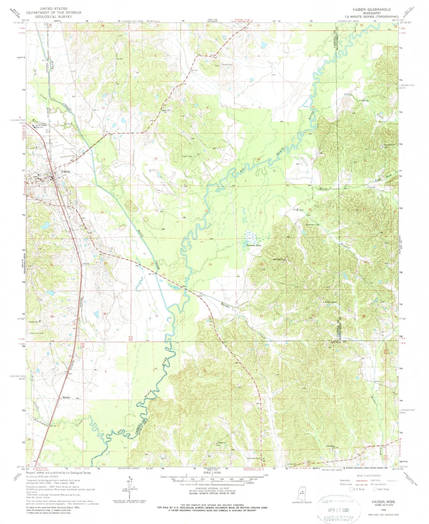 Classic USGS Vaiden Mississippi 7.5'x7.5' Topo Map Image