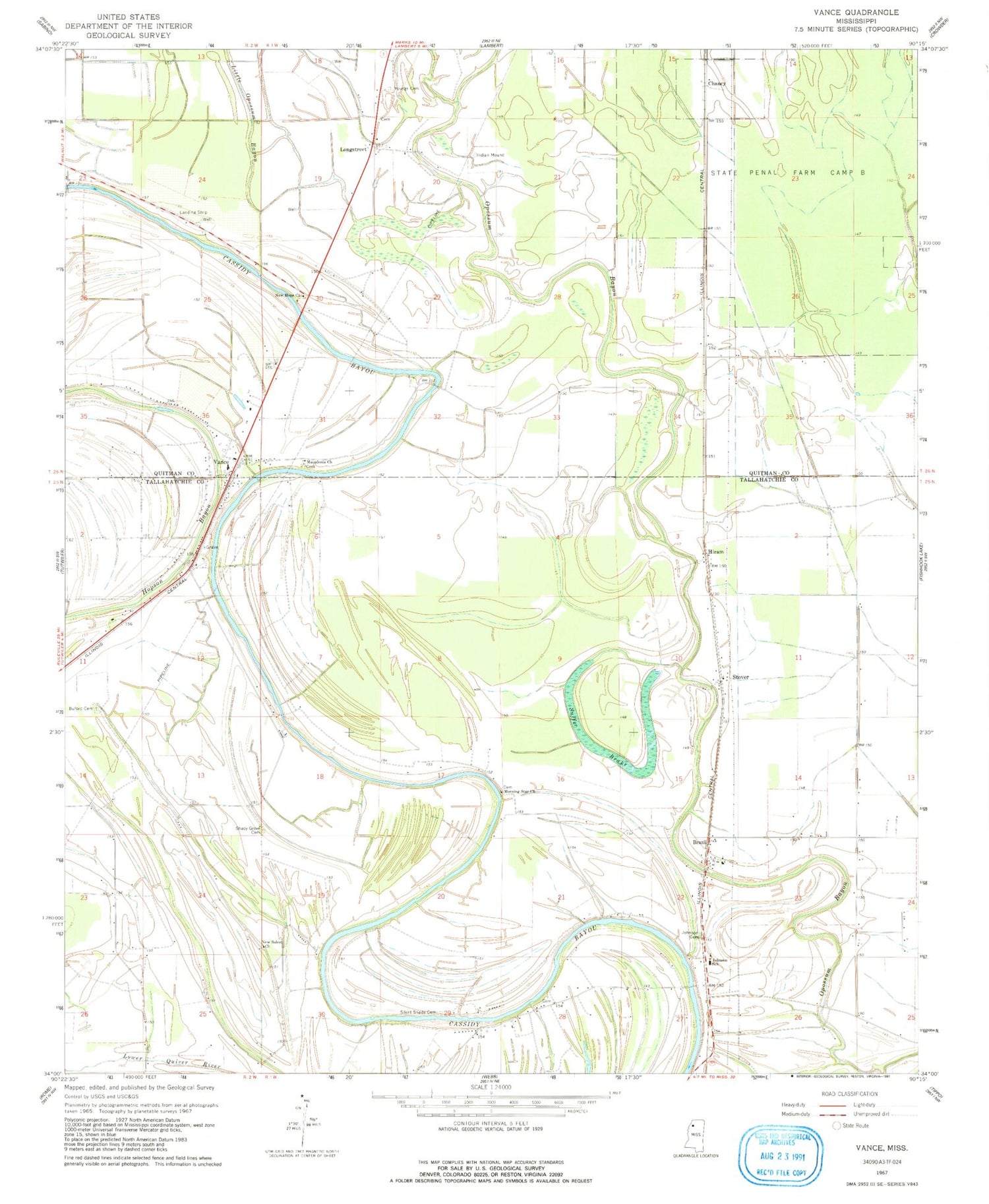 Classic USGS Vance Mississippi 7.5'x7.5' Topo Map Image