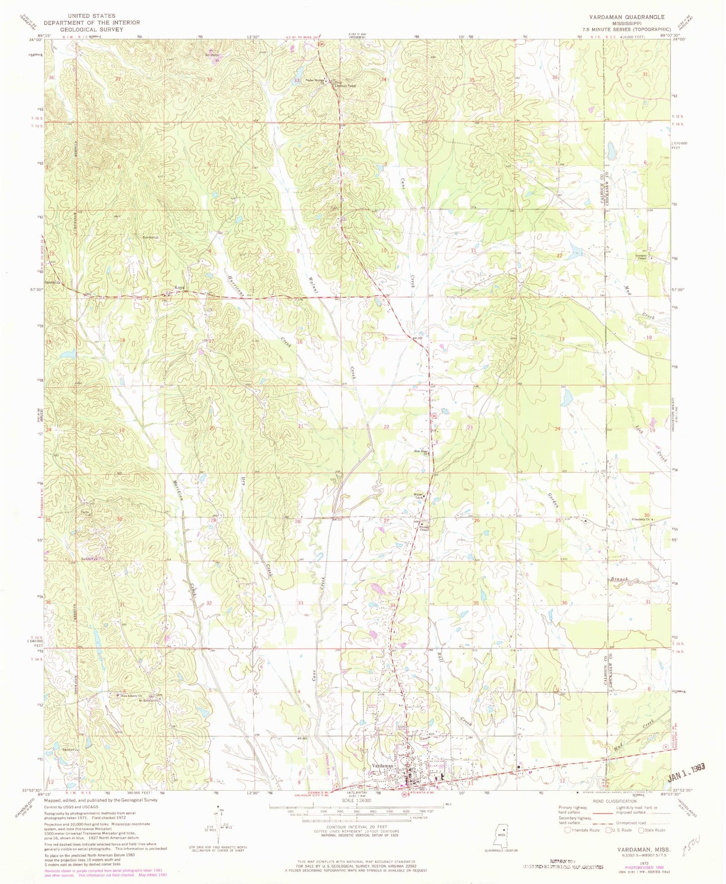 Classic USGS Vardaman Mississippi 7.5'x7.5' Topo Map Image
