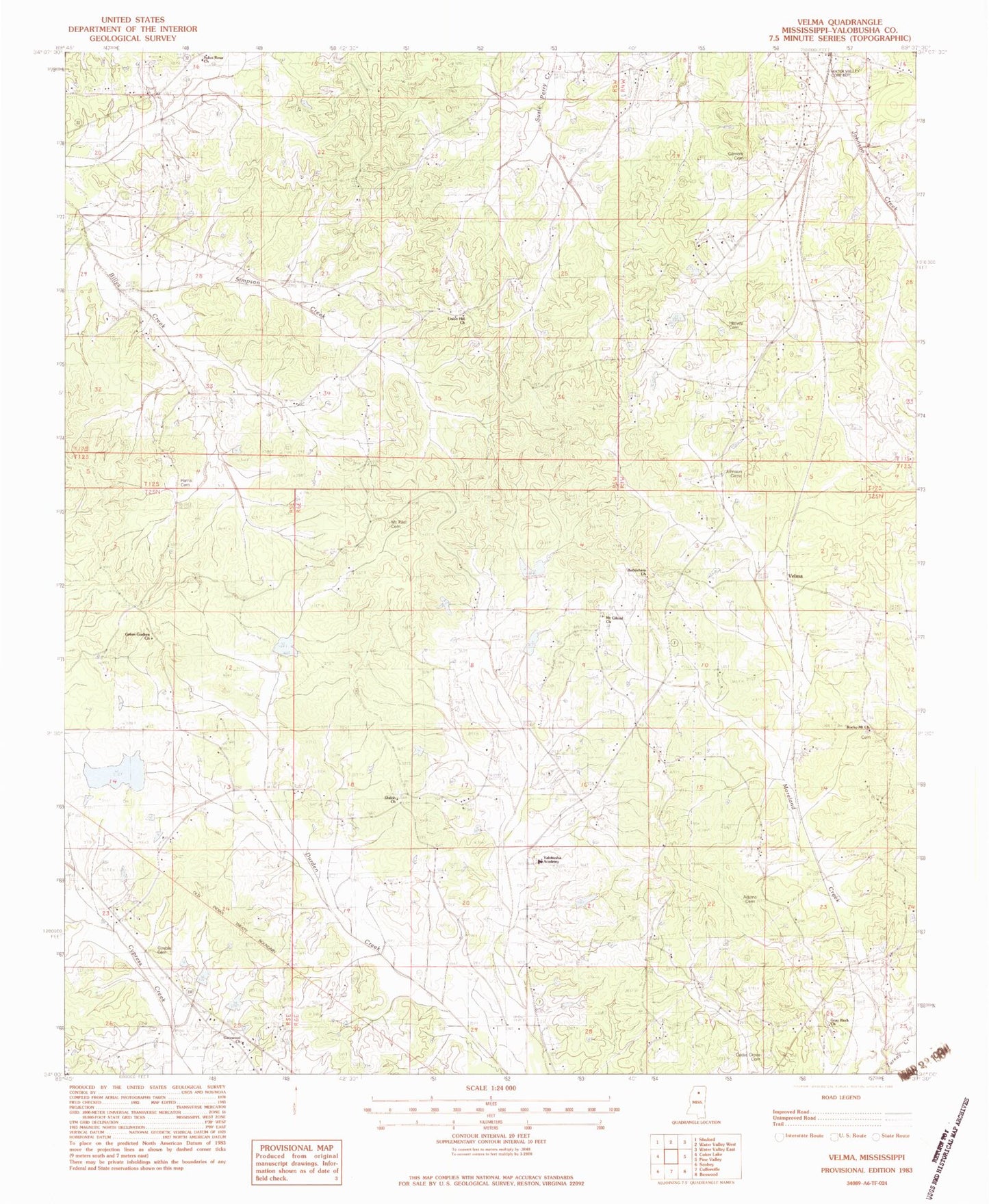 Classic USGS Velma Mississippi 7.5'x7.5' Topo Map Image
