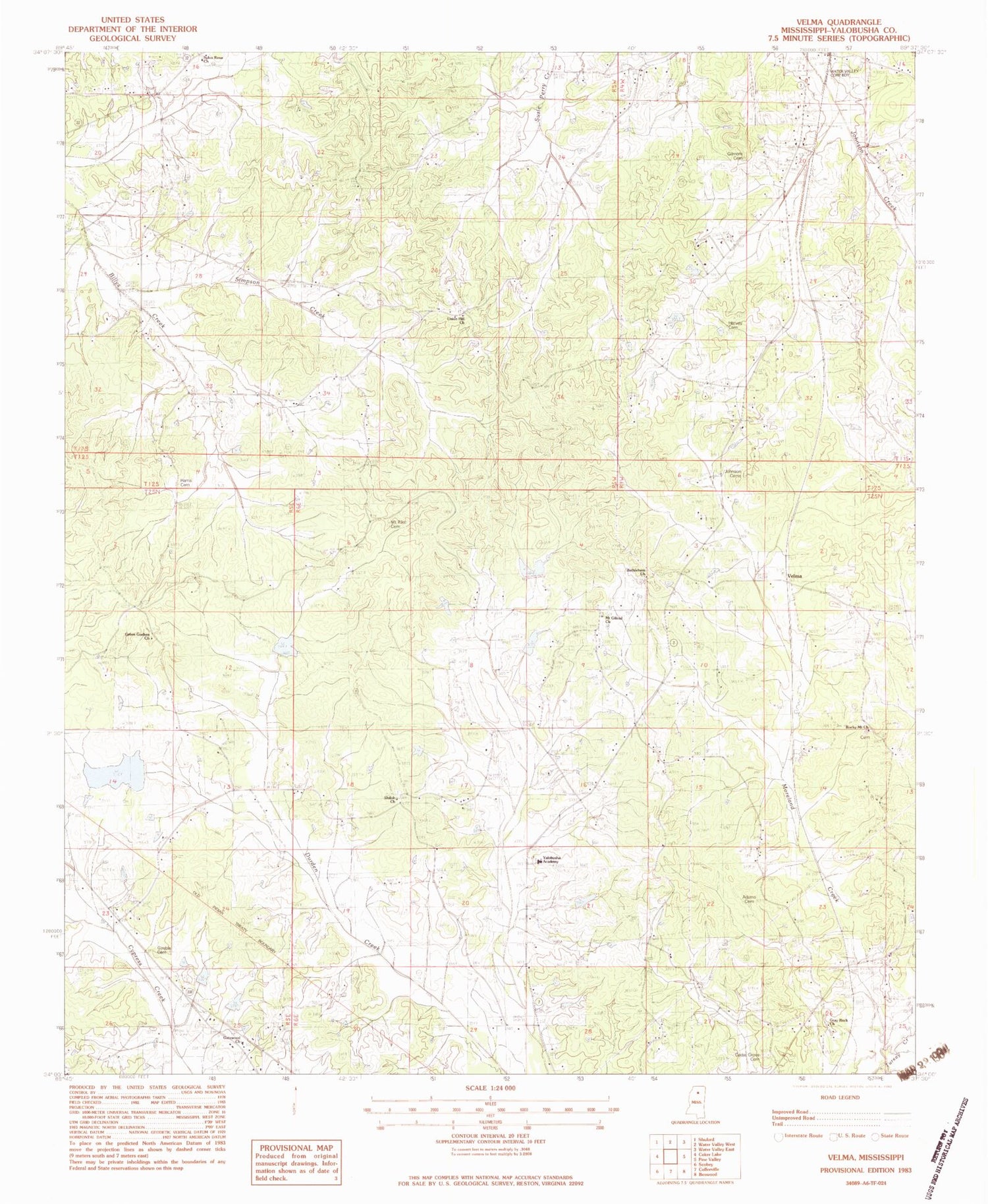Classic USGS Velma Mississippi 7.5'x7.5' Topo Map Image