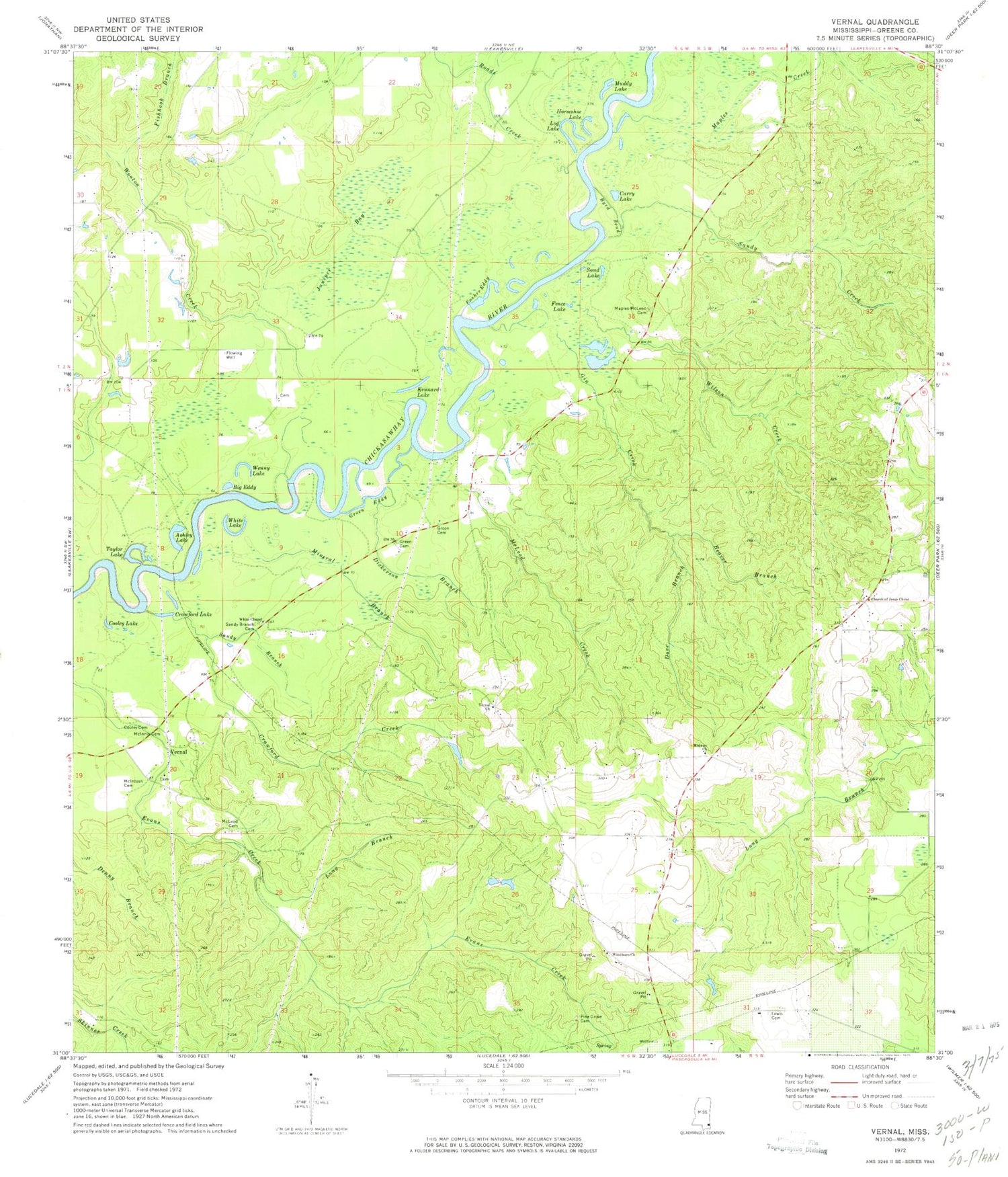 Classic USGS Vernal Mississippi 7.5'x7.5' Topo Map Image