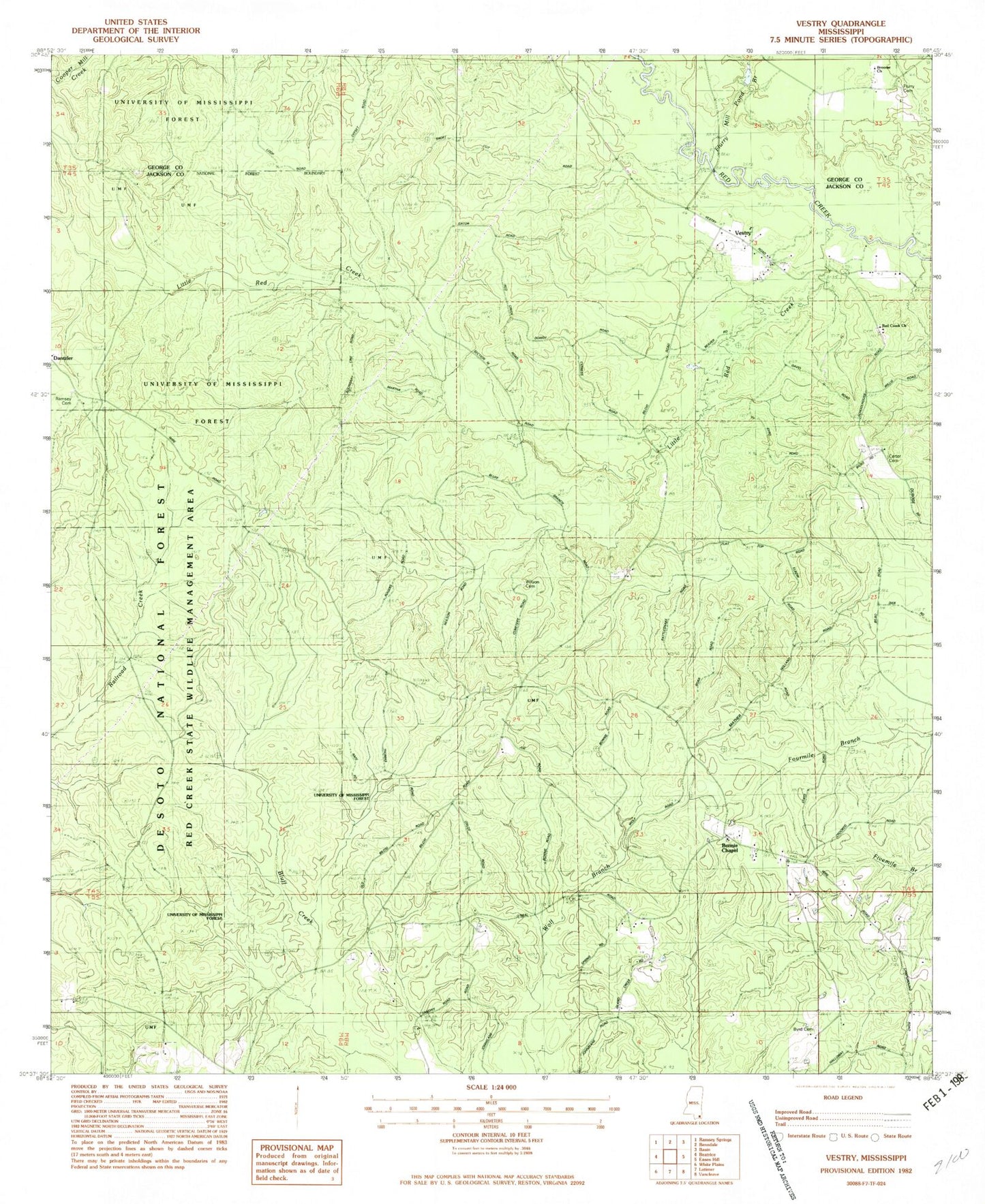 Classic USGS Vestry Mississippi 7.5'x7.5' Topo Map Image
