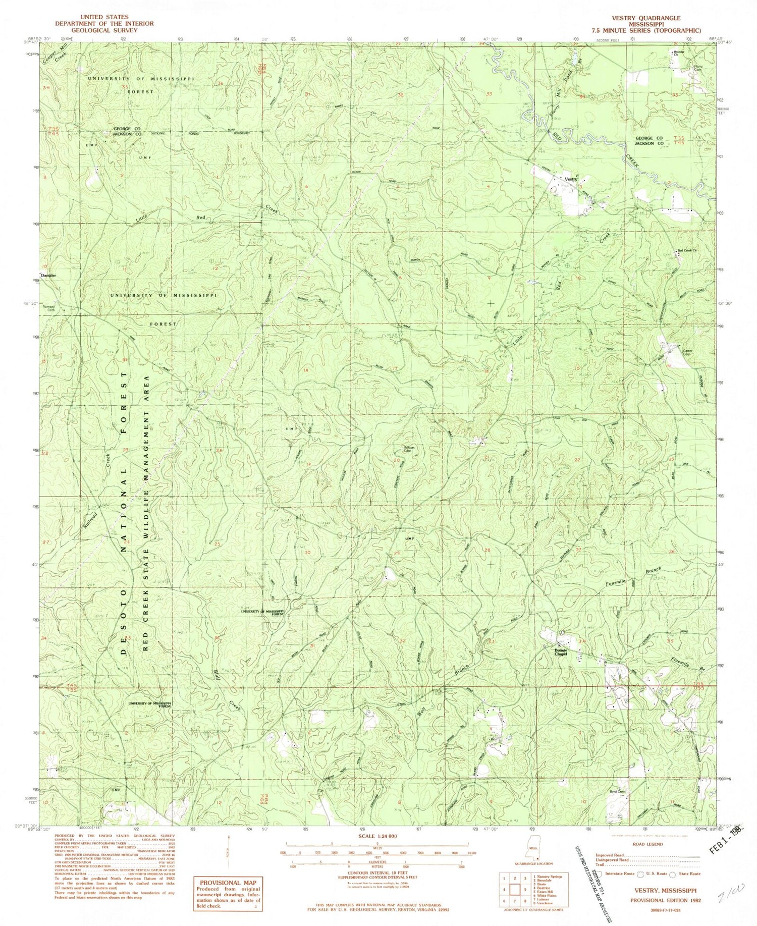 Classic USGS Vestry Mississippi 7.5'x7.5' Topo Map Image