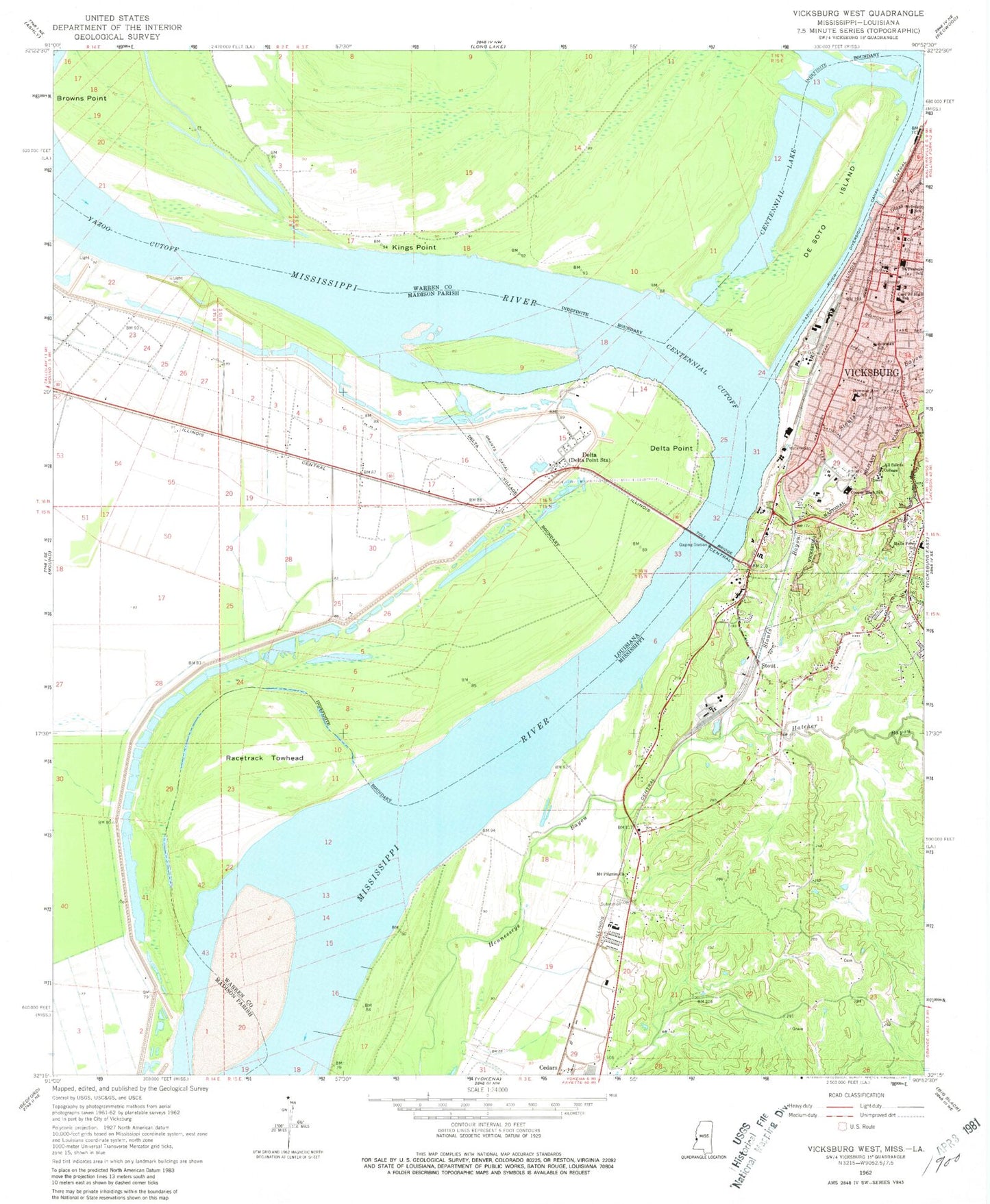 Classic USGS Vicksburg West Mississippi 7.5'x7.5' Topo Map Image