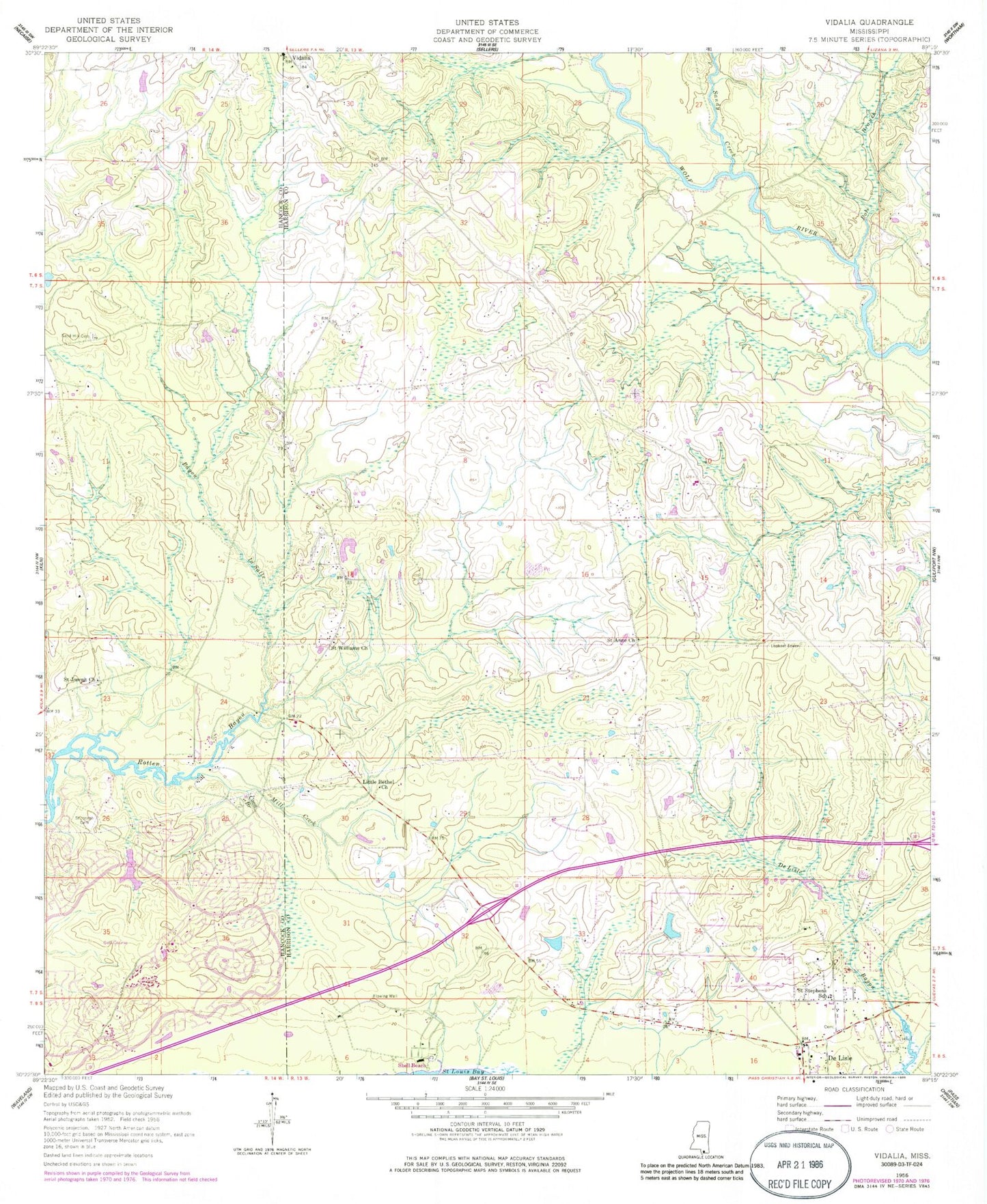 Classic USGS Dedeaux Mississippi 7.5'x7.5' Topo Map Image