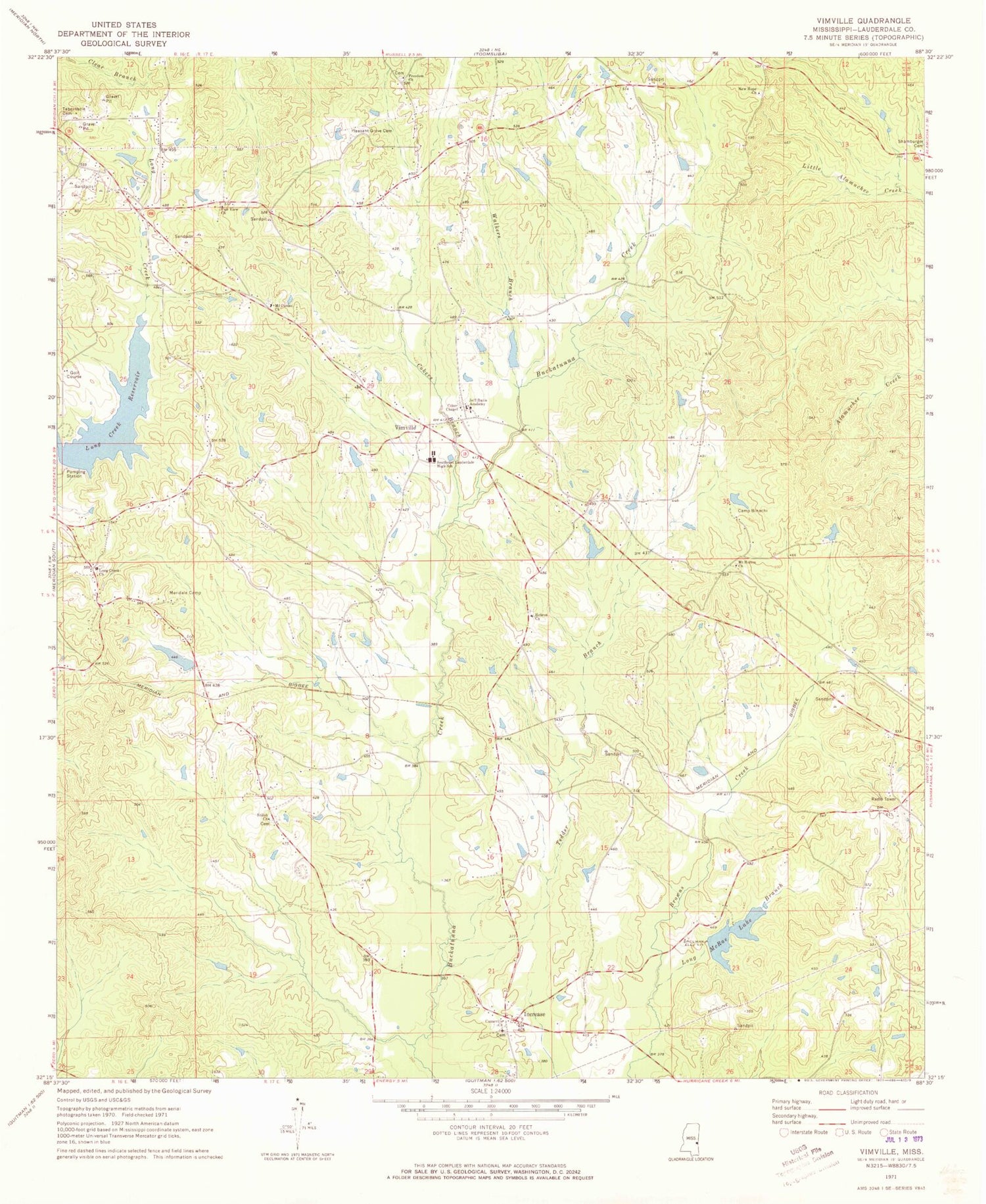 Classic USGS Vimville Mississippi 7.5'x7.5' Topo Map Image