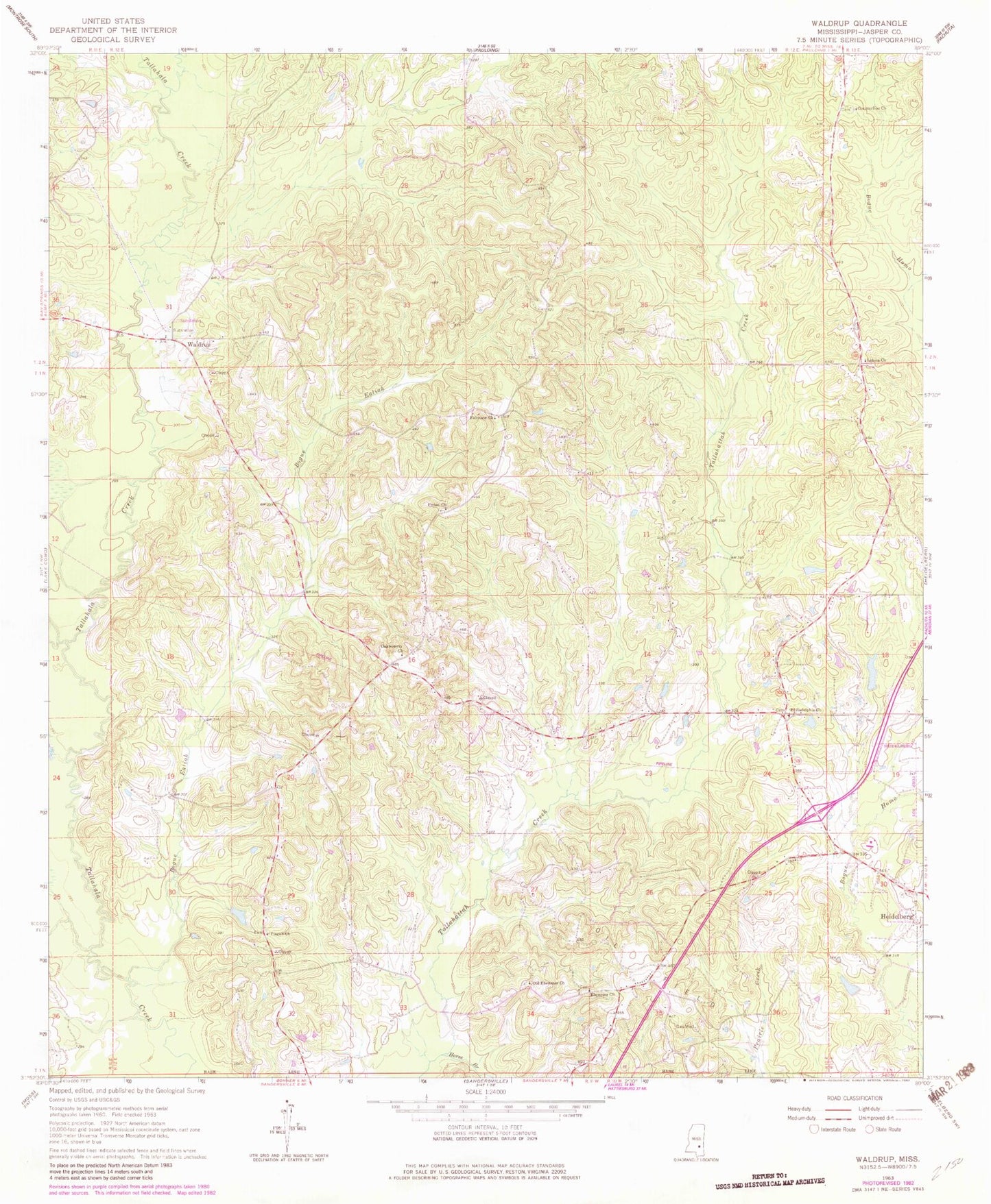 Classic USGS Waldrup Mississippi 7.5'x7.5' Topo Map Image