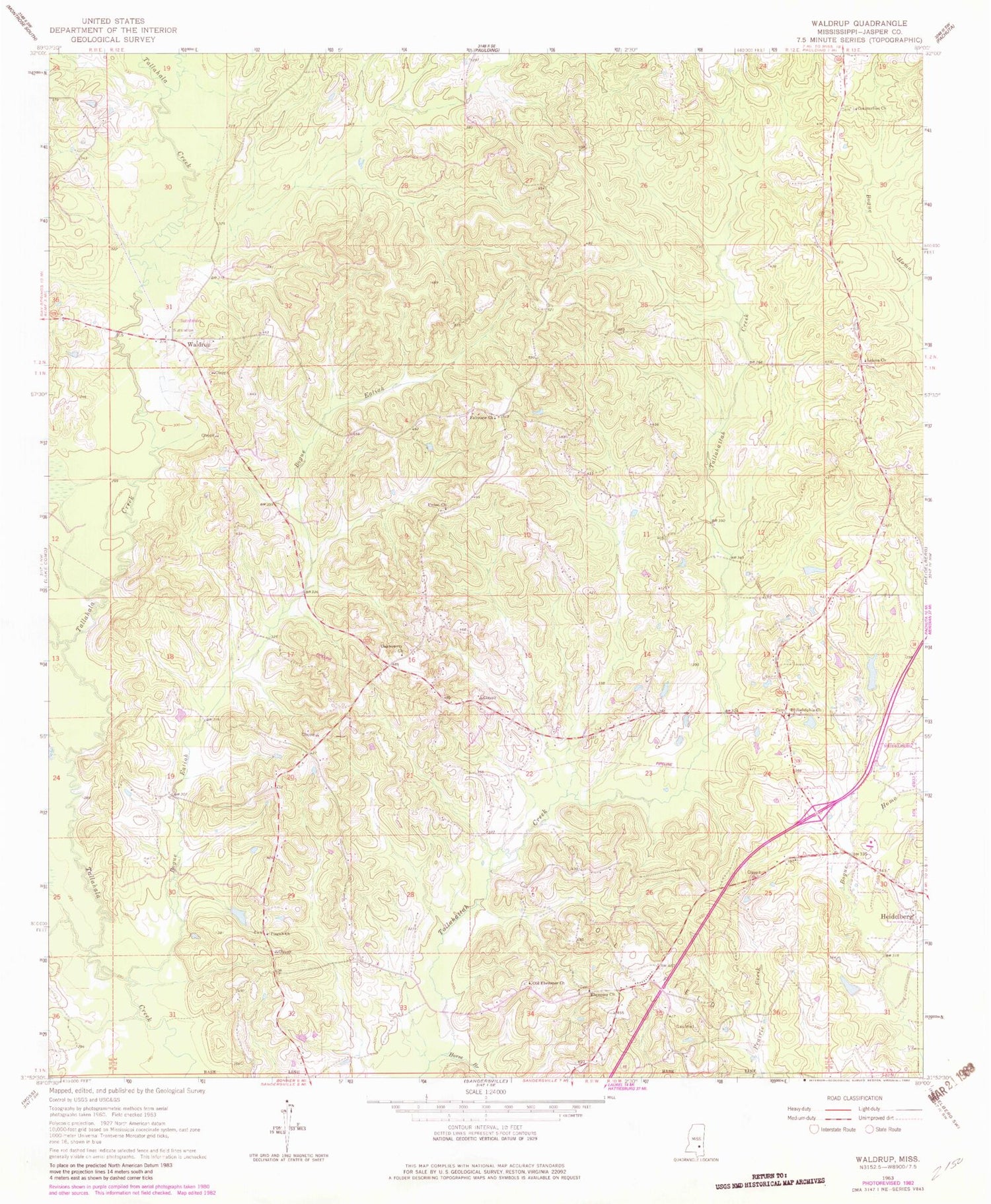 Classic USGS Waldrup Mississippi 7.5'x7.5' Topo Map Image