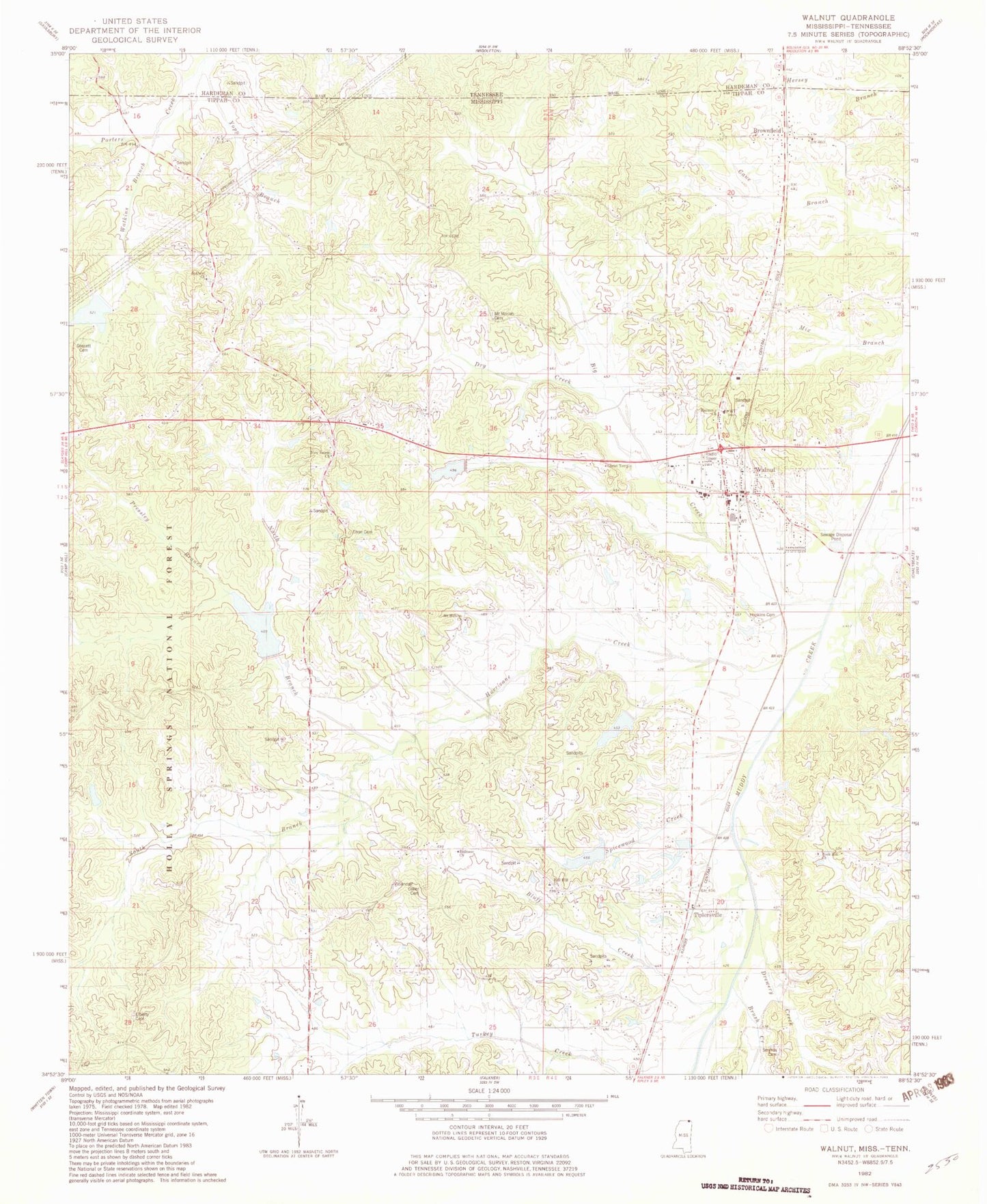 Classic USGS Walnut Mississippi 7.5'x7.5' Topo Map Image