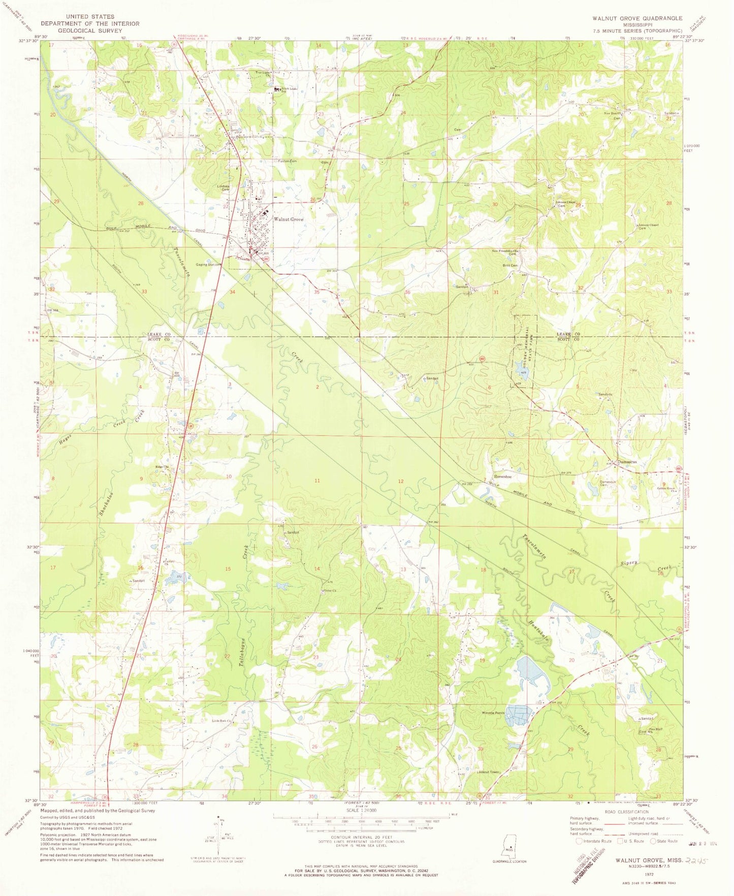 Classic USGS Walnut Grove Mississippi 7.5'x7.5' Topo Map Image
