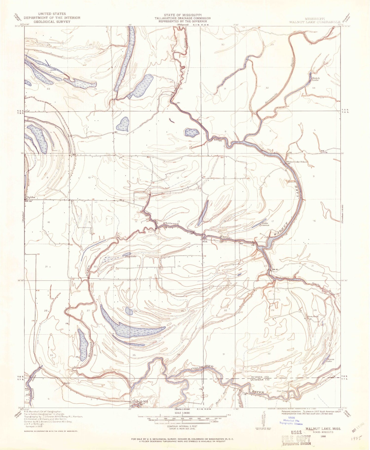 Classic USGS Walnut Lake Mississippi 7.5'x7.5' Topo Map Image