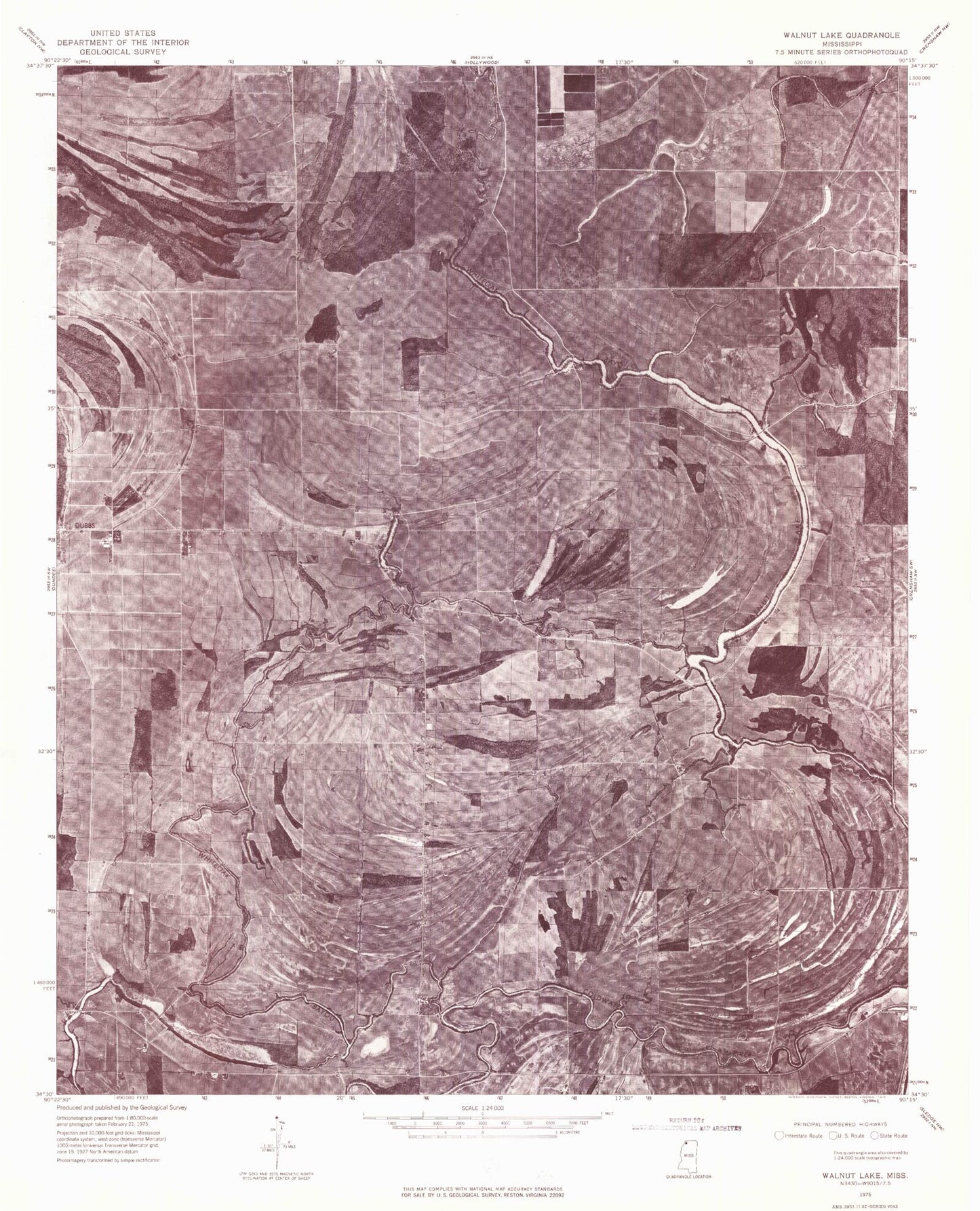 Classic USGS Walnut Lake Mississippi 7.5'x7.5' Topo Map Image