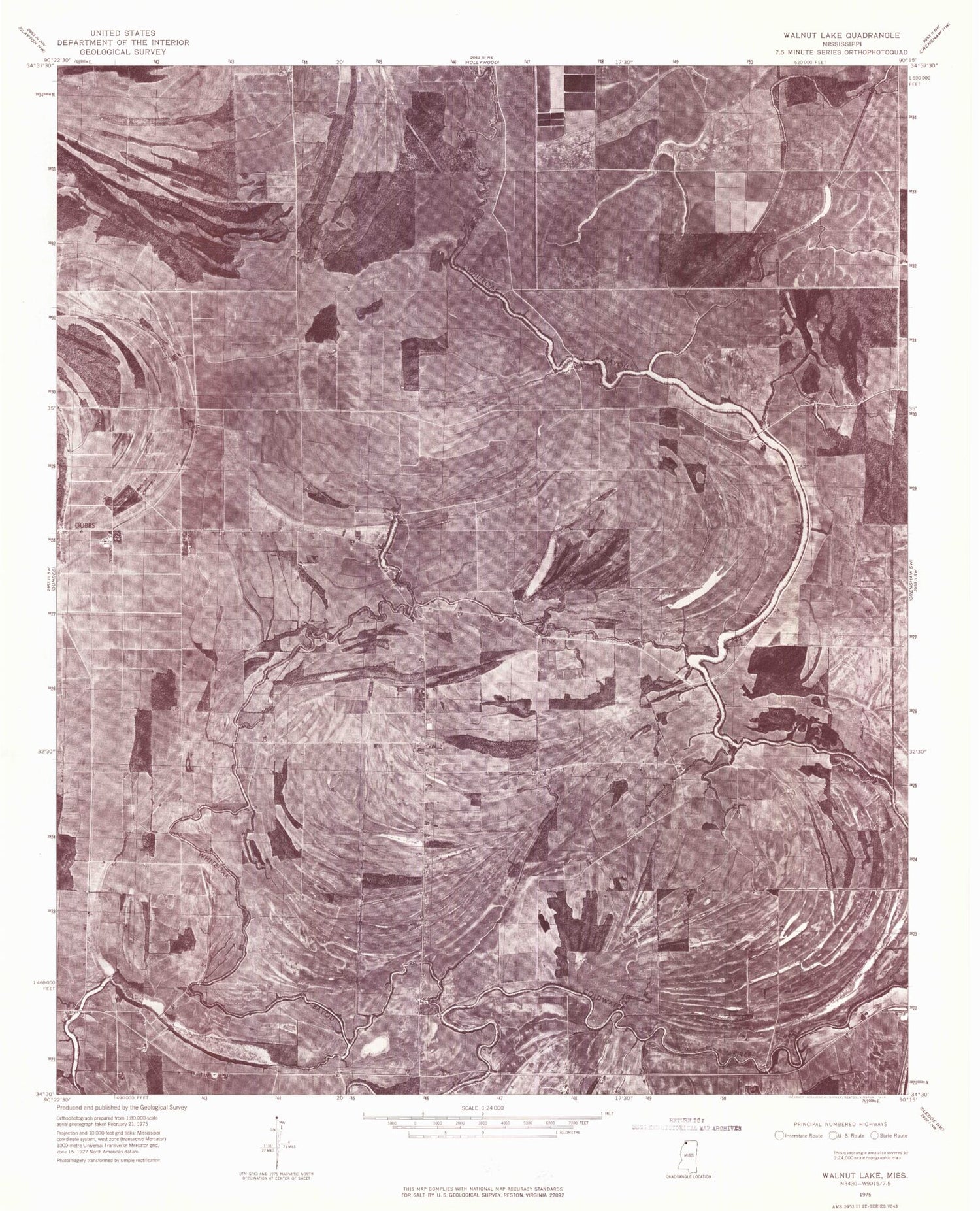 Classic USGS Walnut Lake Mississippi 7.5'x7.5' Topo Map Image