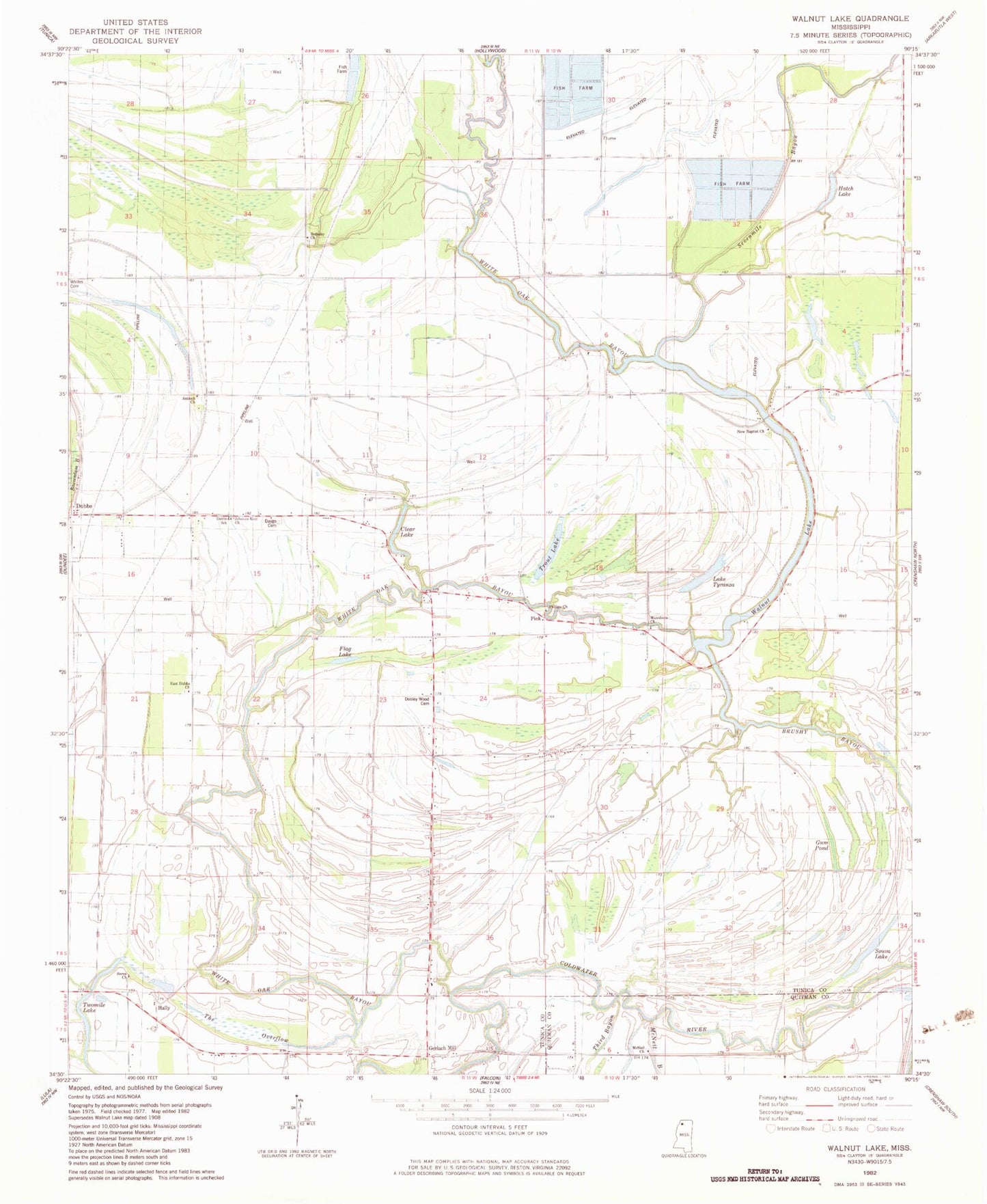 Classic USGS Walnut Lake Mississippi 7.5'x7.5' Topo Map Image