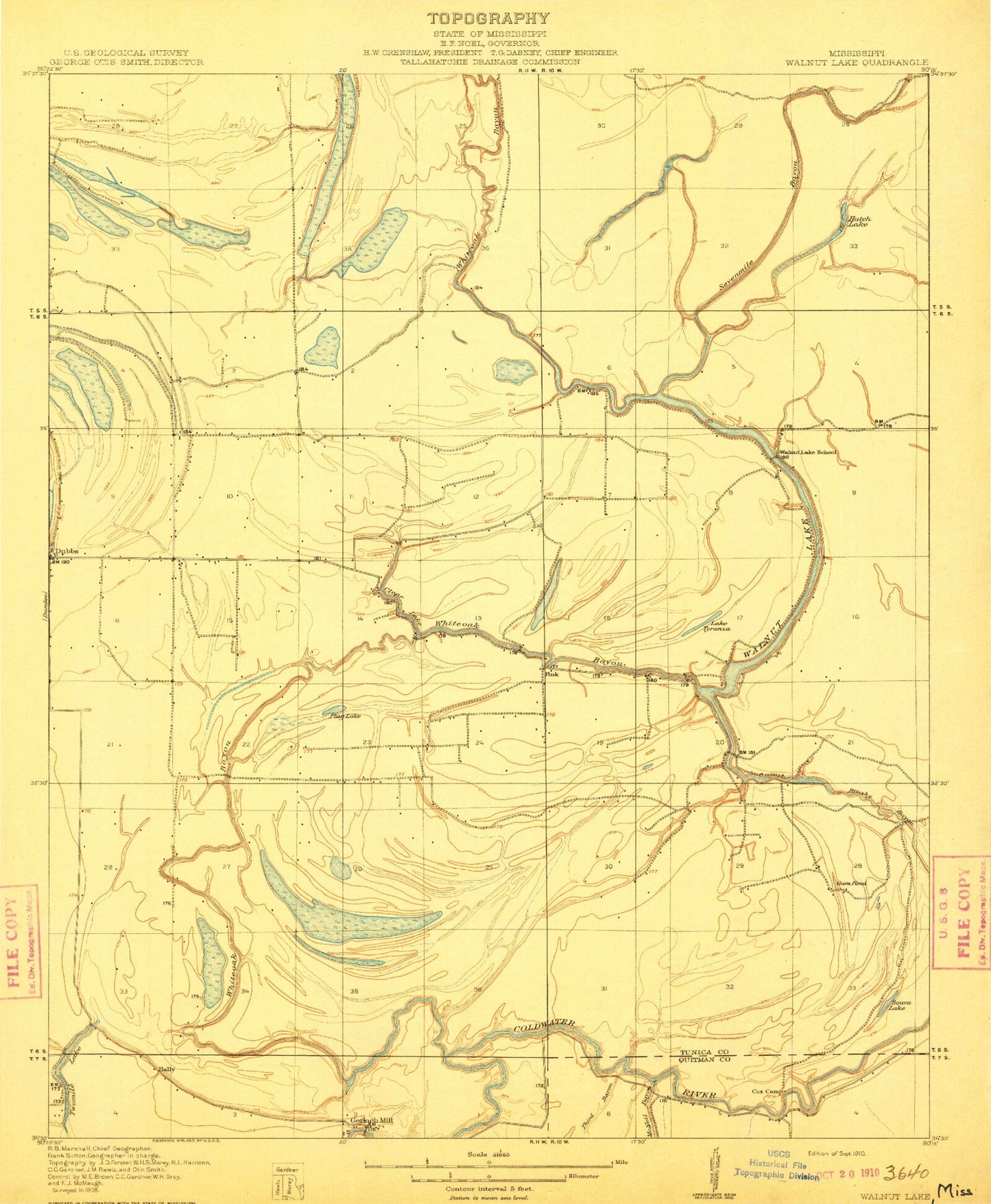 Classic USGS Walnut Lake Mississippi 7.5'x7.5' Topo Map Image