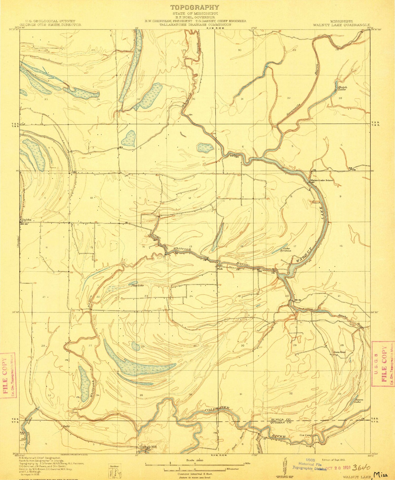 Classic USGS Walnut Lake Mississippi 7.5'x7.5' Topo Map Image
