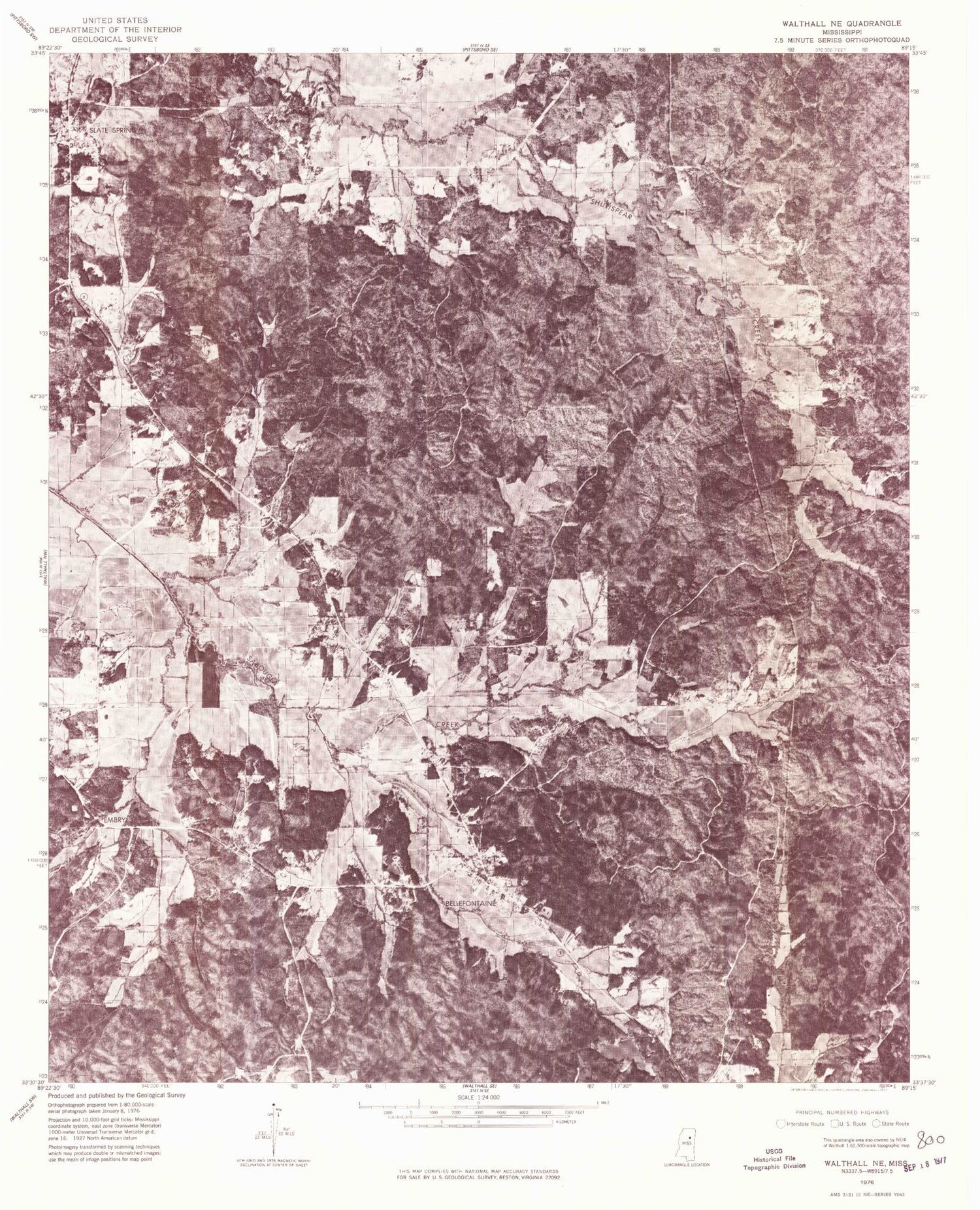 Classic USGS Bellefontaine Mississippi 7.5'x7.5' Topo Map Image