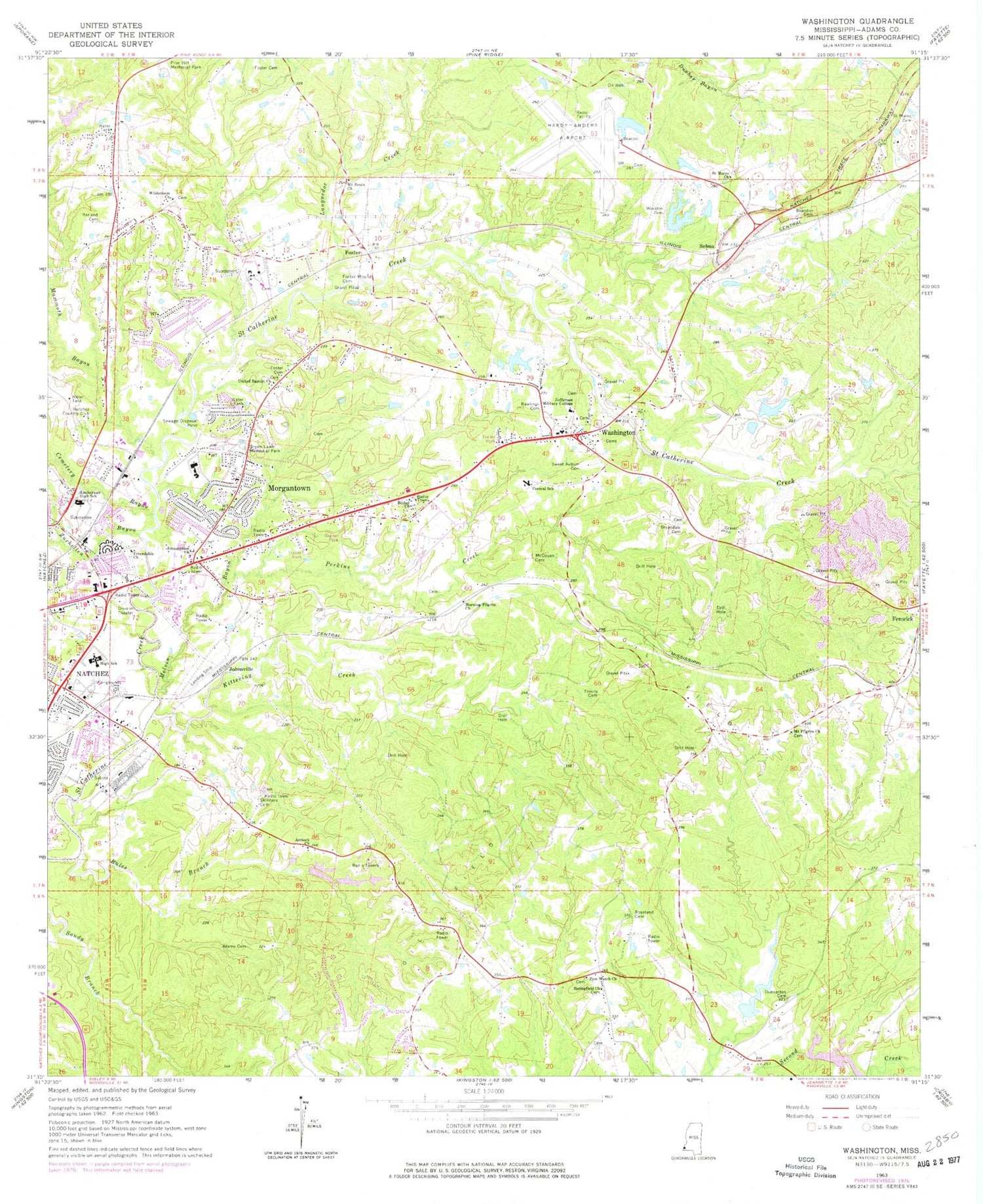 Classic USGS Washington Mississippi 7.5'x7.5' Topo Map Image