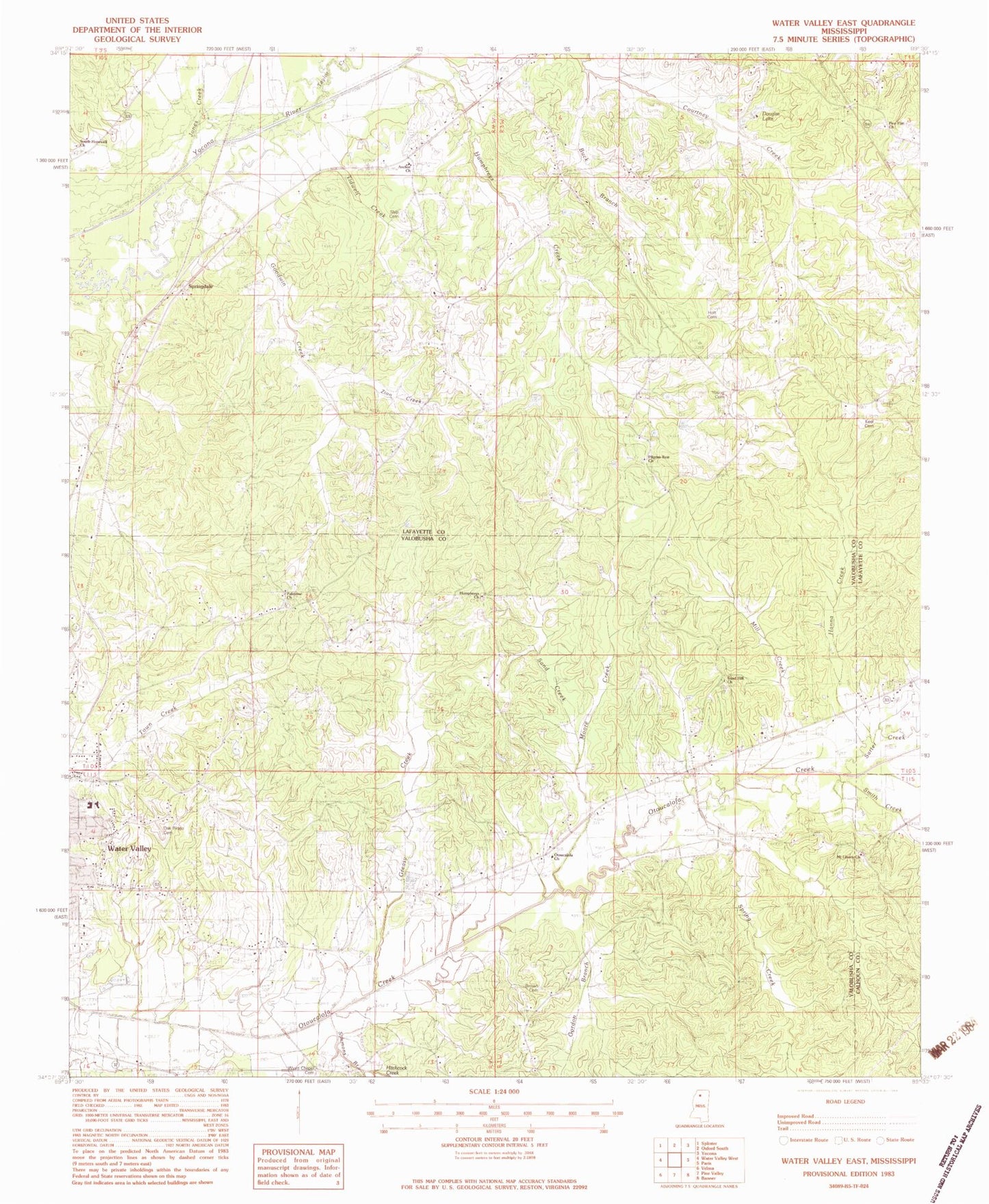 Classic USGS Water Valley East Mississippi 7.5'x7.5' Topo Map Image