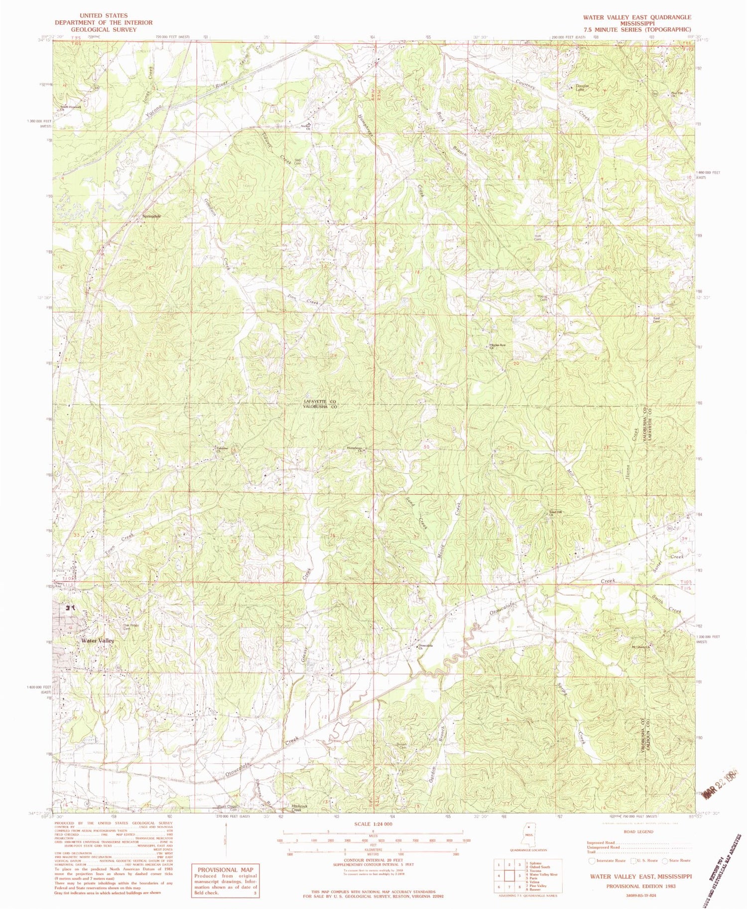 Classic USGS Water Valley East Mississippi 7.5'x7.5' Topo Map Image
