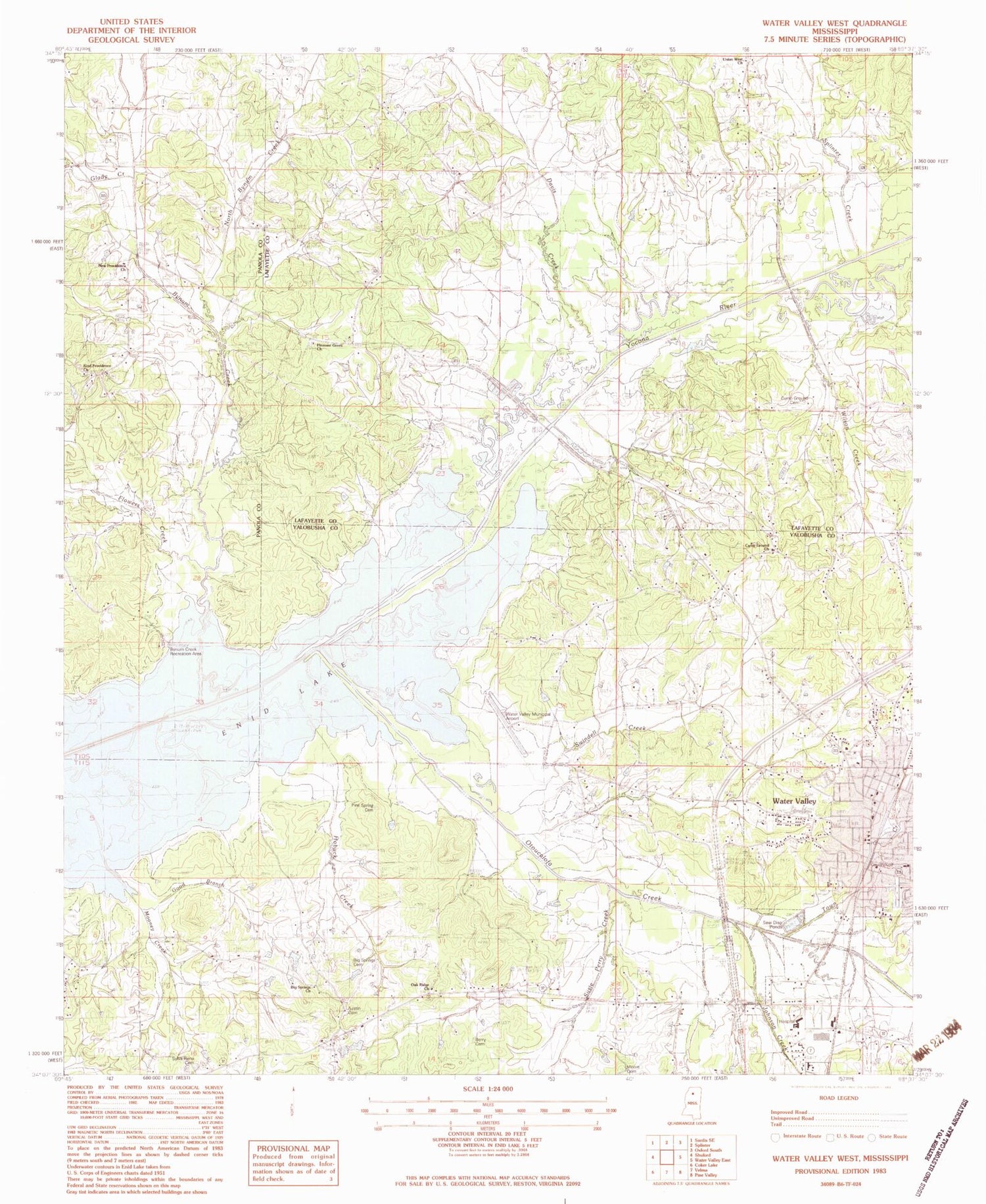 Classic USGS Water Valley West Mississippi 7.5'x7.5' Topo Map Image