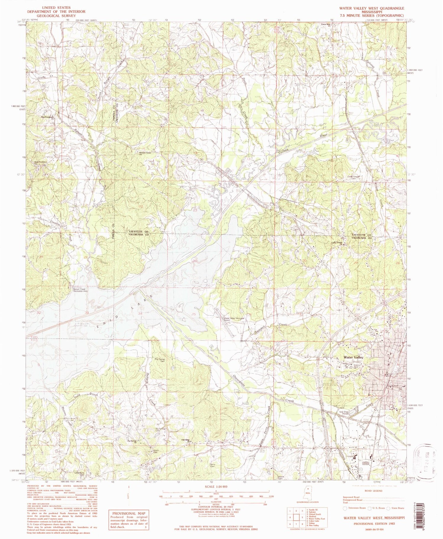 Classic USGS Water Valley West Mississippi 7.5'x7.5' Topo Map Image