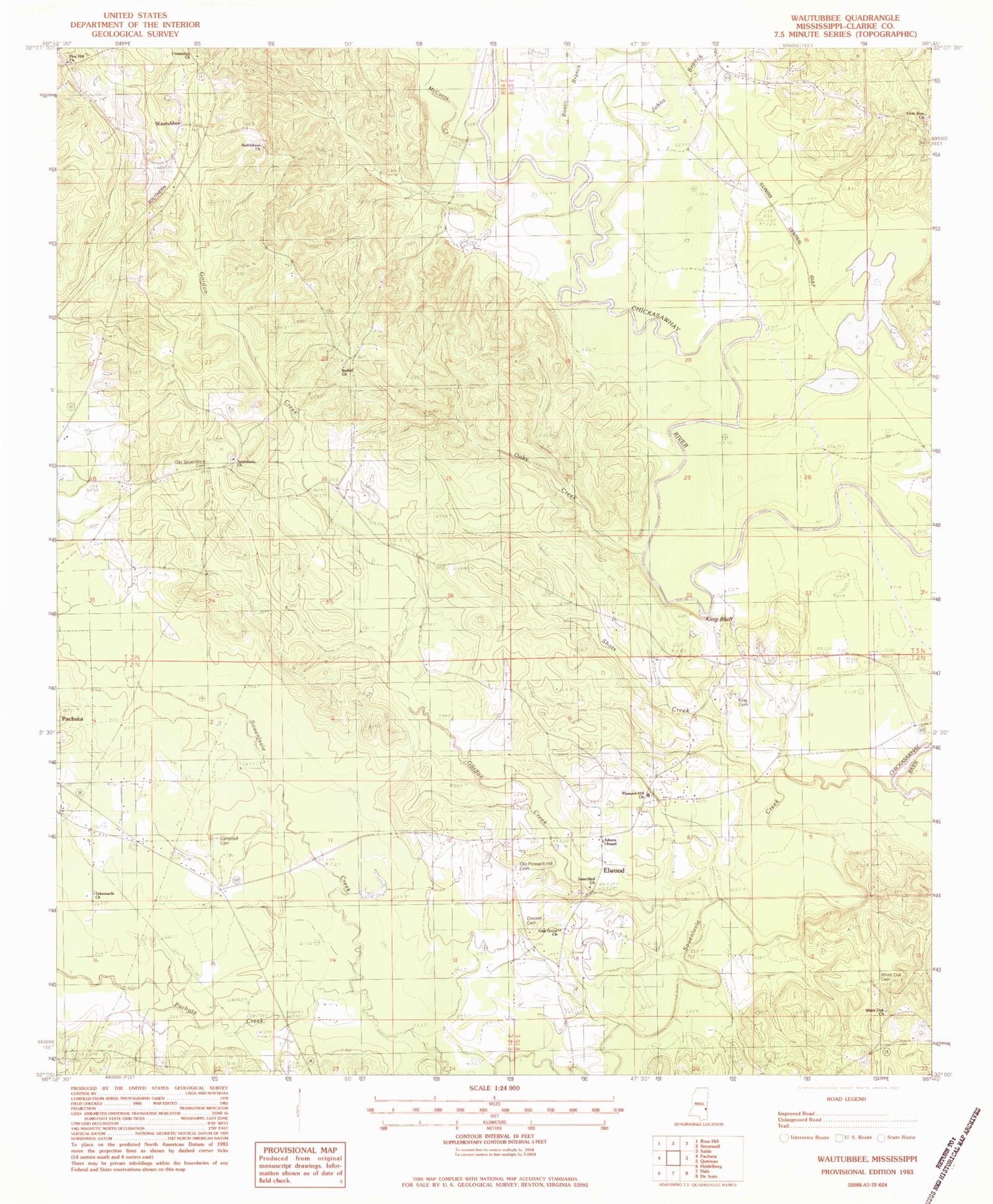 Classic USGS Wautubbee Mississippi 7.5'x7.5' Topo Map Image