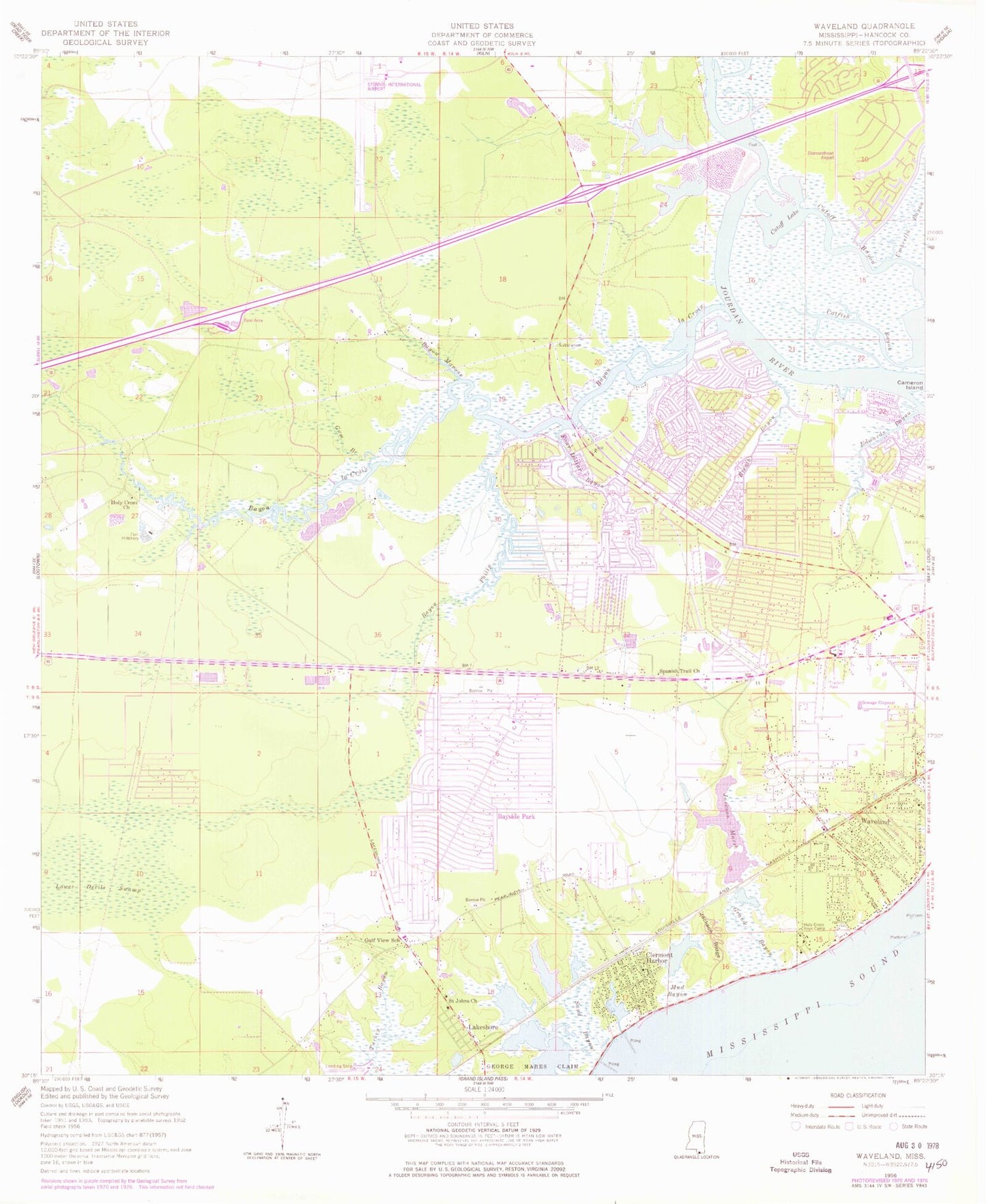 Classic USGS Waveland Mississippi 7.5'x7.5' Topo Map Image