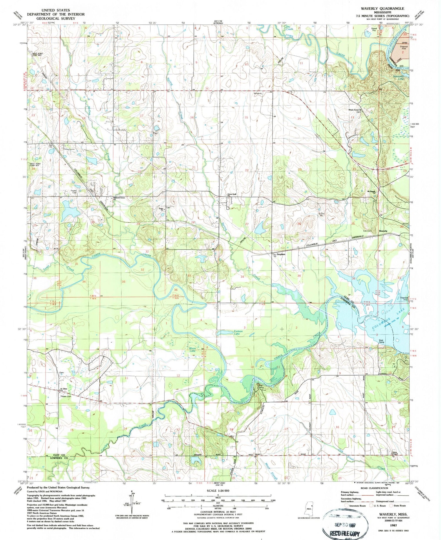 Classic USGS Waverly Mississippi 7.5'x7.5' Topo Map Image