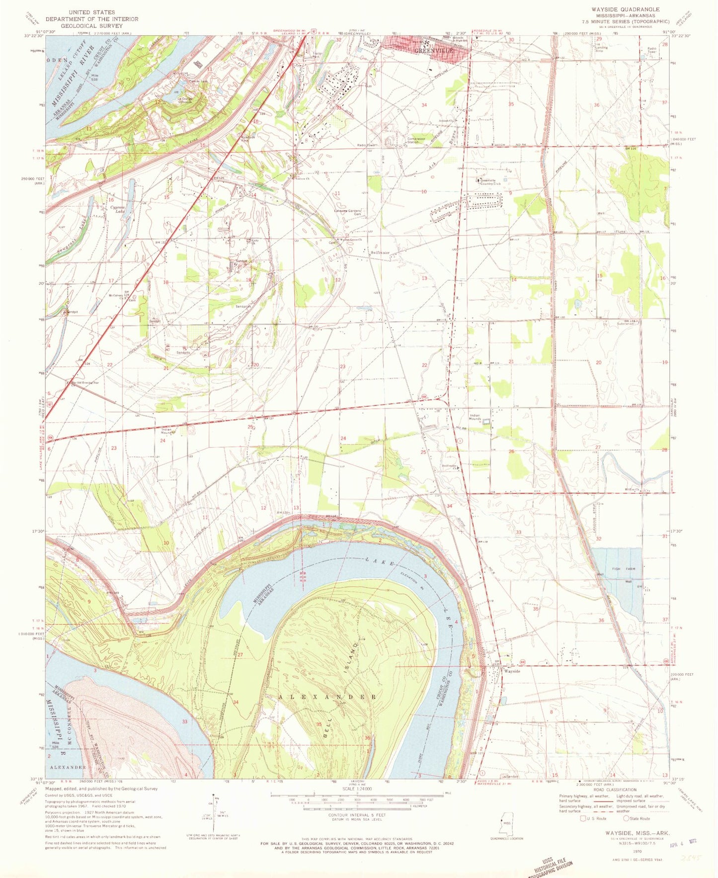 Classic USGS Wayside Mississippi 7.5'x7.5' Topo Map Image