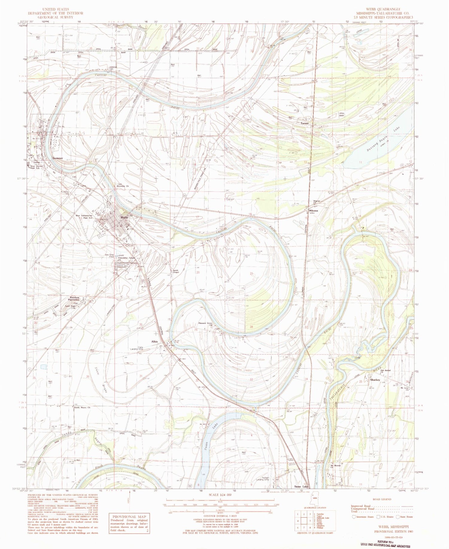 Classic USGS Webb Mississippi 7.5'x7.5' Topo Map Image