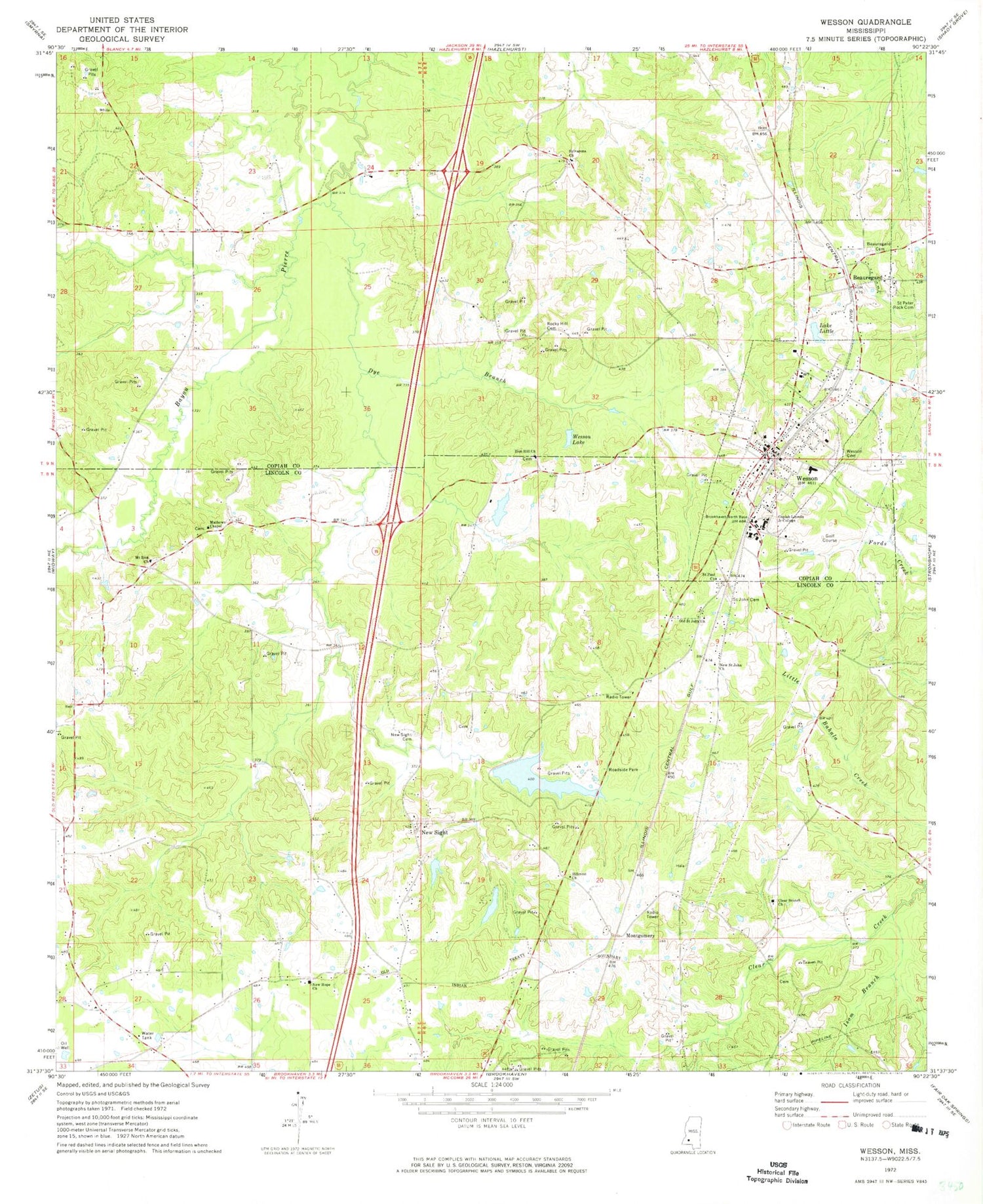 Classic USGS Wesson Mississippi 7.5'x7.5' Topo Map Image