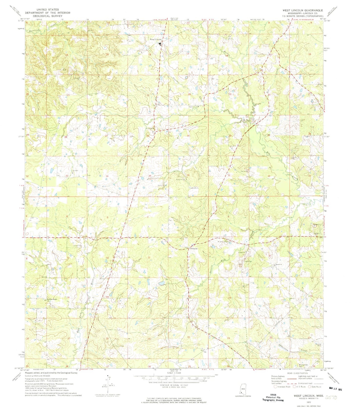 Classic USGS West Lincoln Mississippi 7.5'x7.5' Topo Map Image