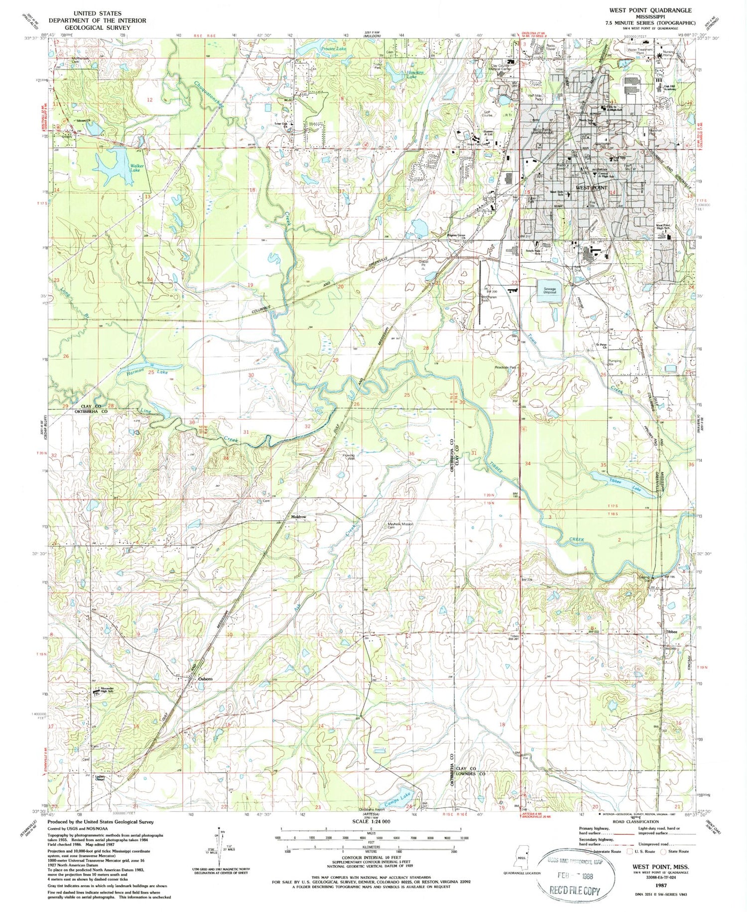Classic USGS West Point Mississippi 7.5'x7.5' Topo Map Image