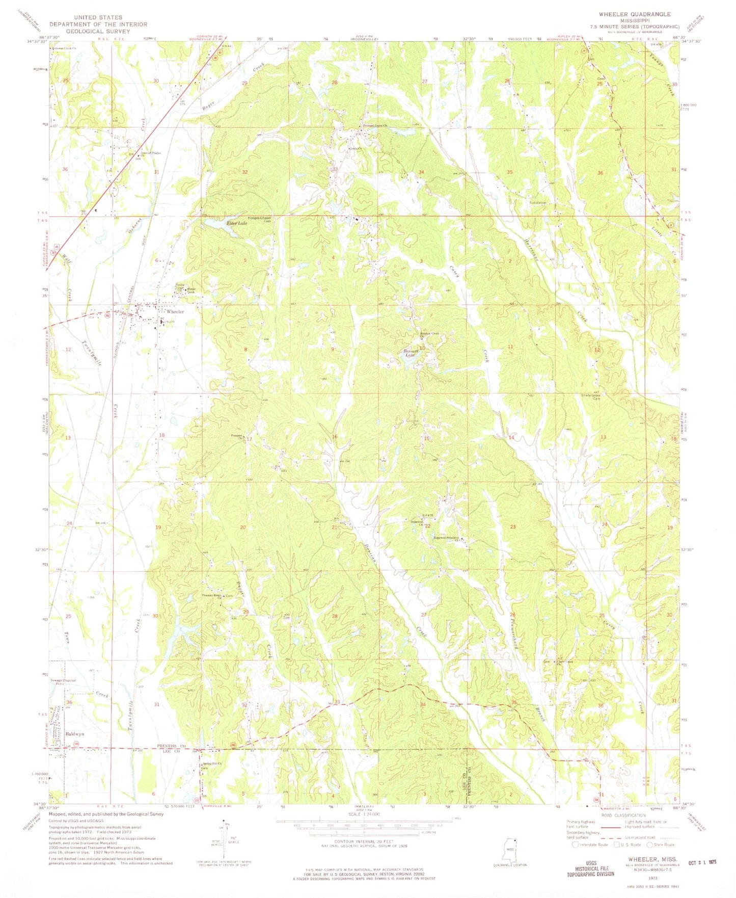 Classic USGS Wheeler Mississippi 7.5'x7.5' Topo Map Image