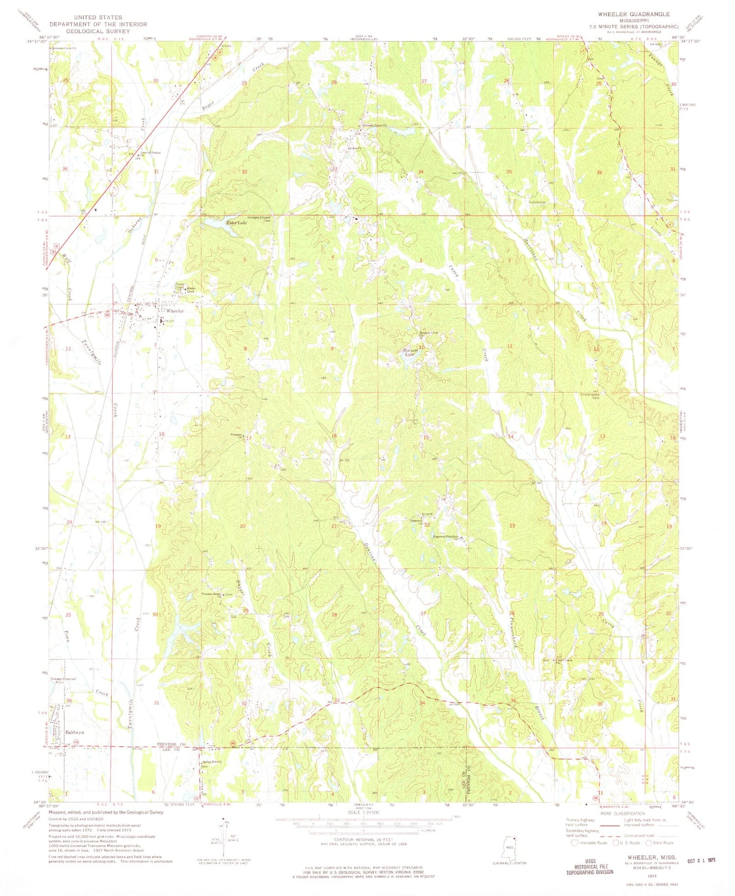 Classic USGS Wheeler Mississippi 7.5'x7.5' Topo Map Image