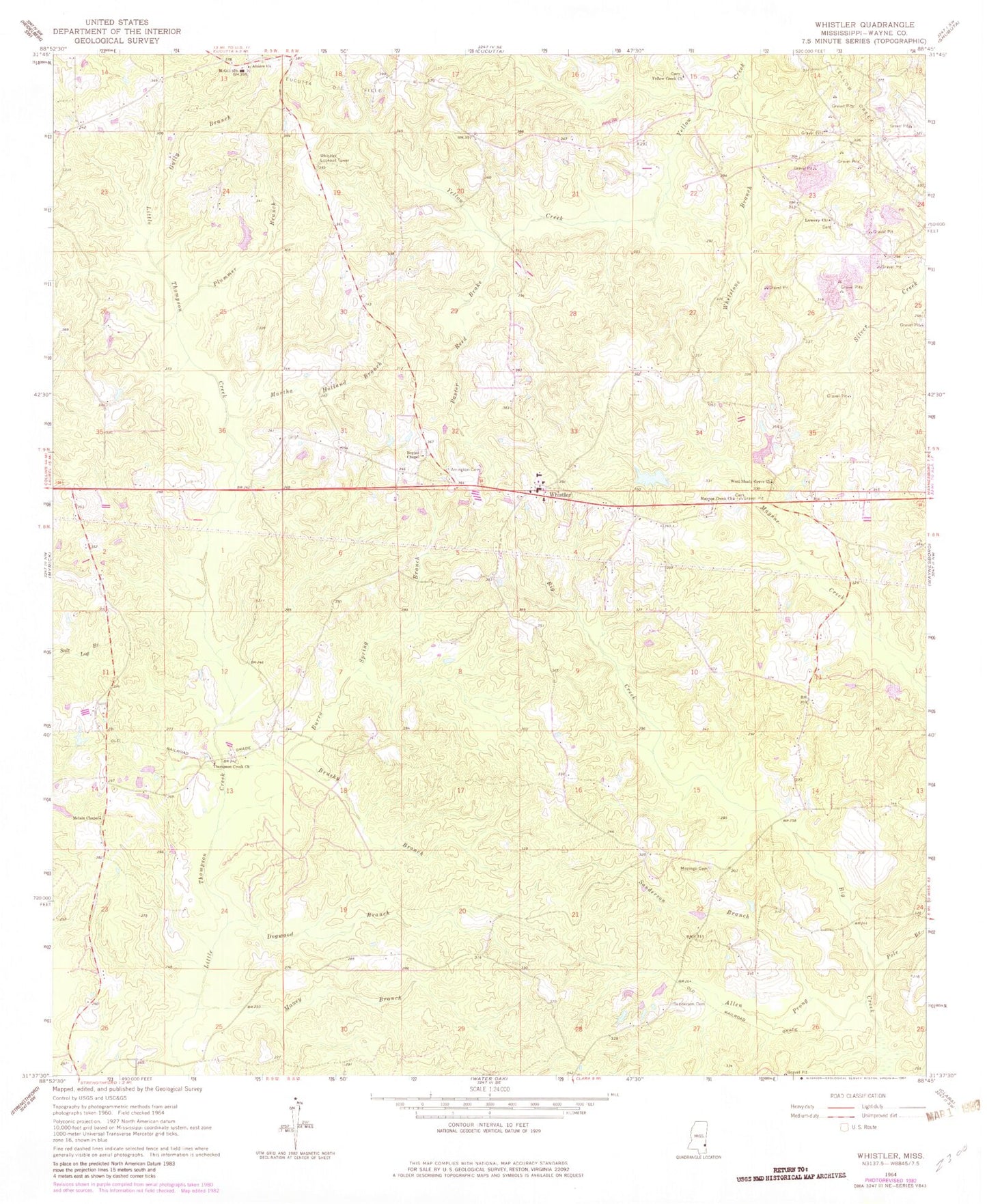 Classic USGS Whistler Mississippi 7.5'x7.5' Topo Map Image