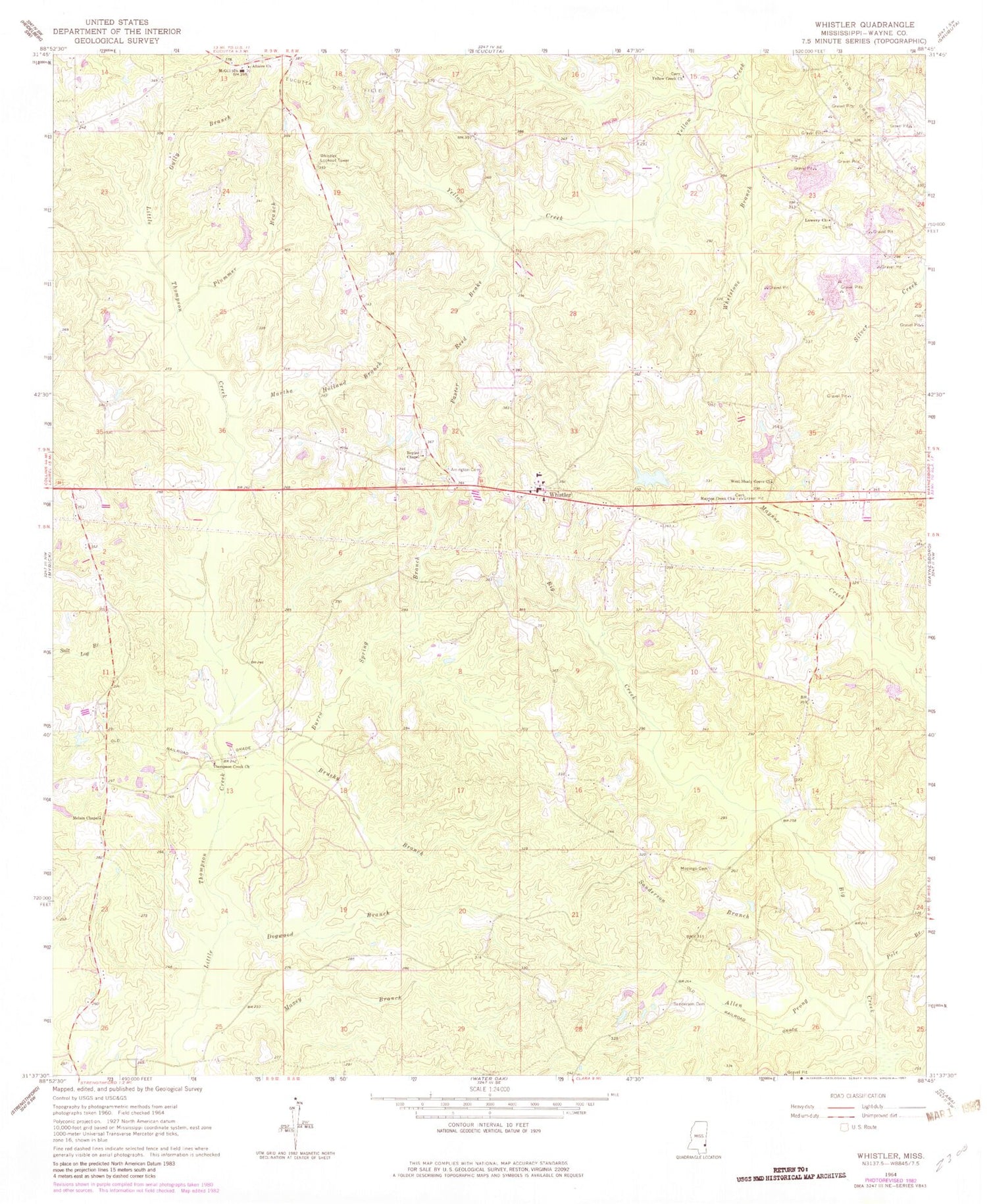Classic USGS Whistler Mississippi 7.5'x7.5' Topo Map Image