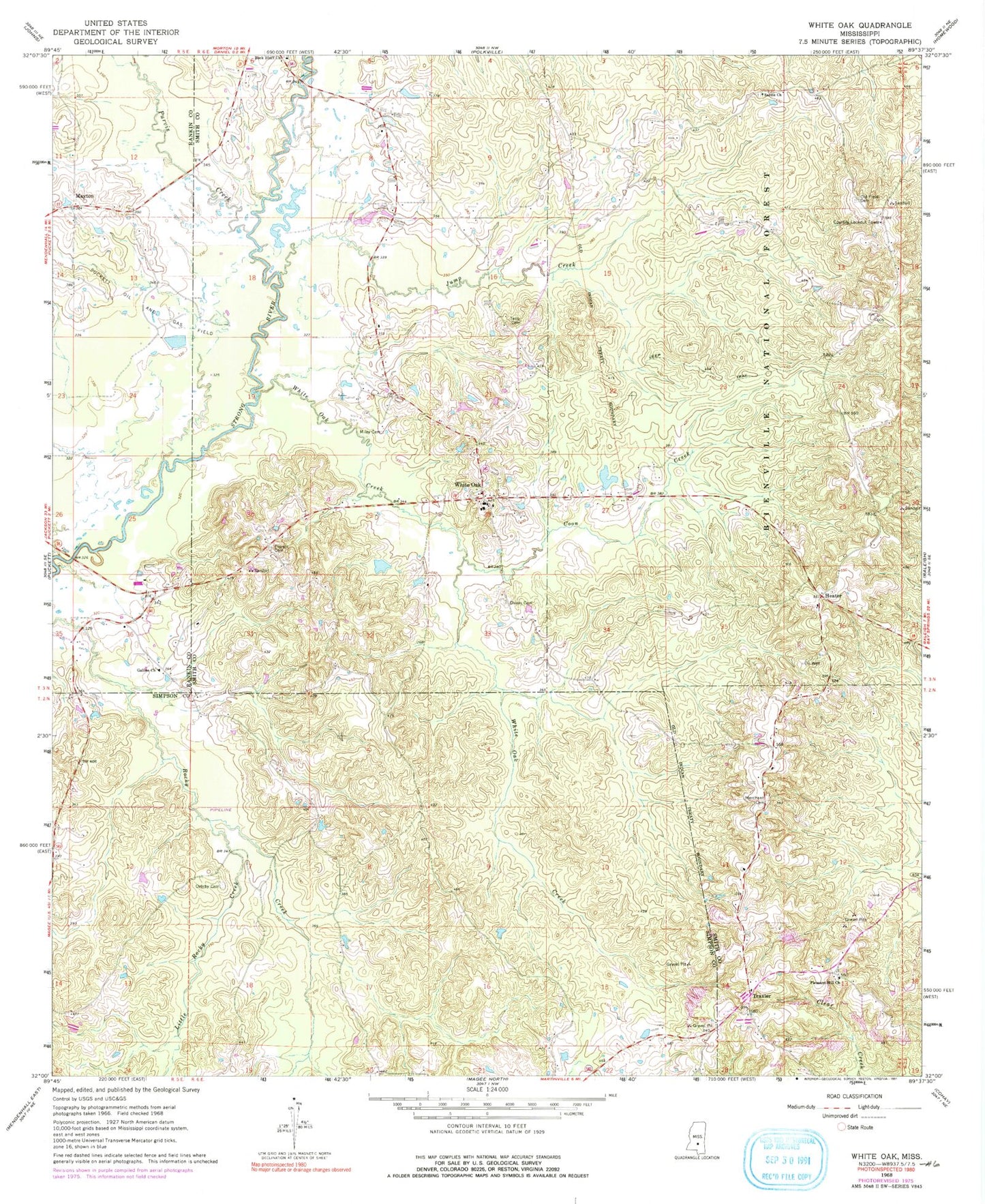 Classic USGS White Oak Mississippi 7.5'x7.5' Topo Map Image