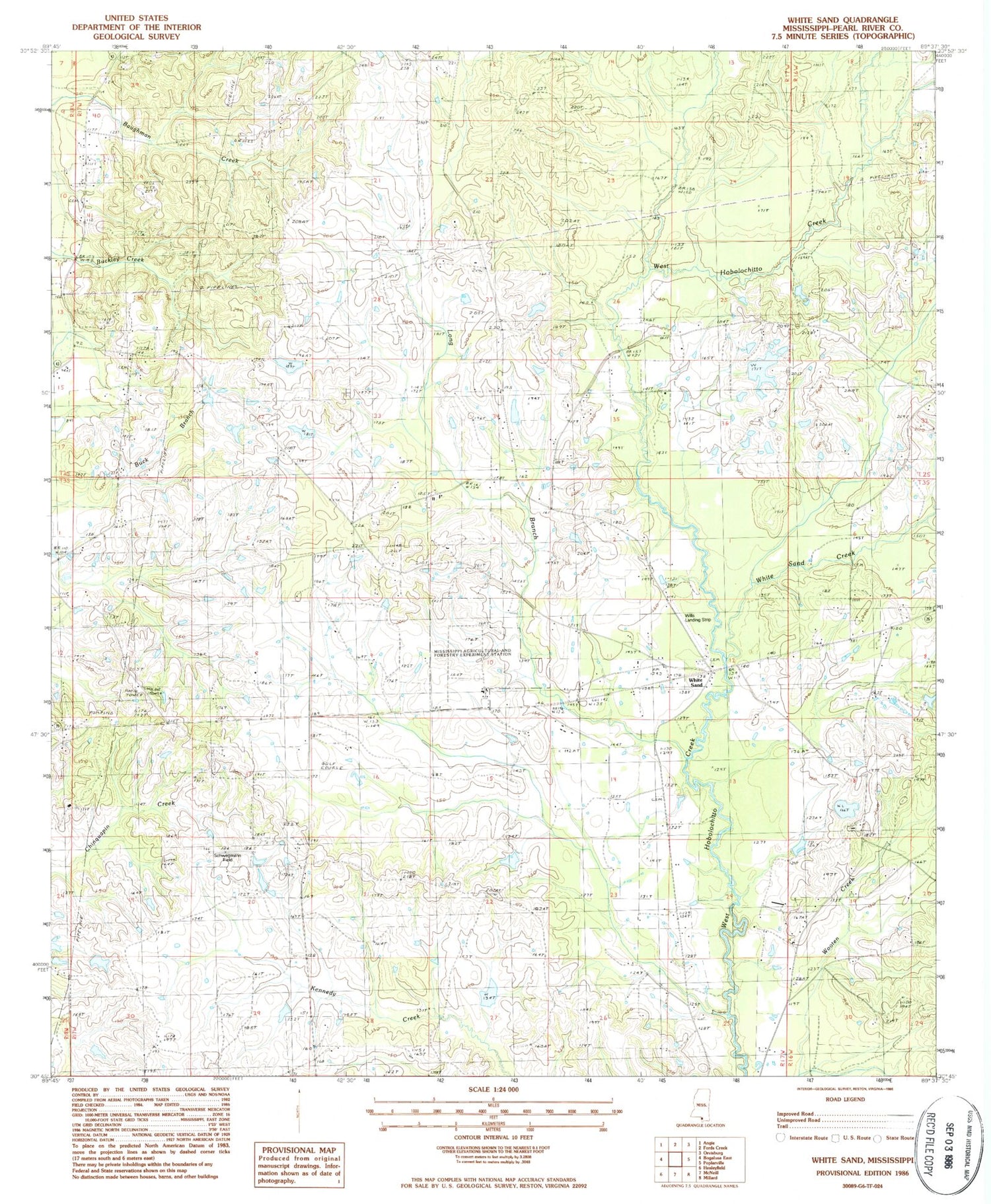 Classic USGS White Sand Mississippi 7.5'x7.5' Topo Map Image