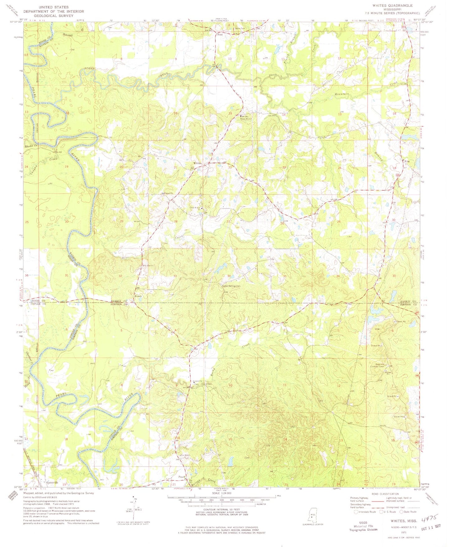 Classic USGS Whites Mississippi 7.5'x7.5' Topo Map Image