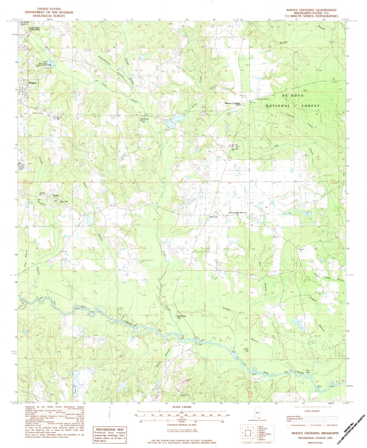 Classic USGS Whites Crossing Mississippi 7.5'x7.5' Topo Map Image