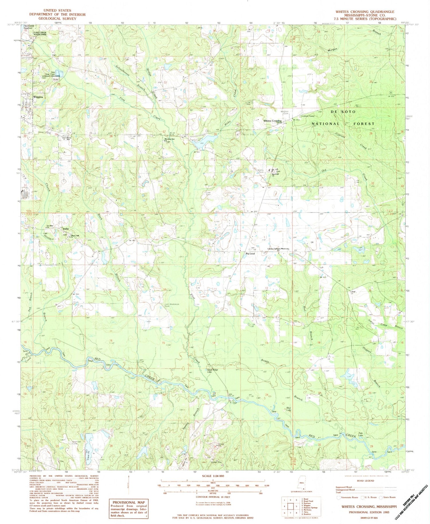 Classic USGS Whites Crossing Mississippi 7.5'x7.5' Topo Map Image