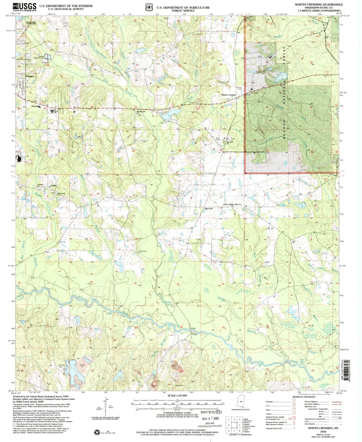 Classic USGS Whites Crossing Mississippi 7.5'x7.5' Topo Map Image